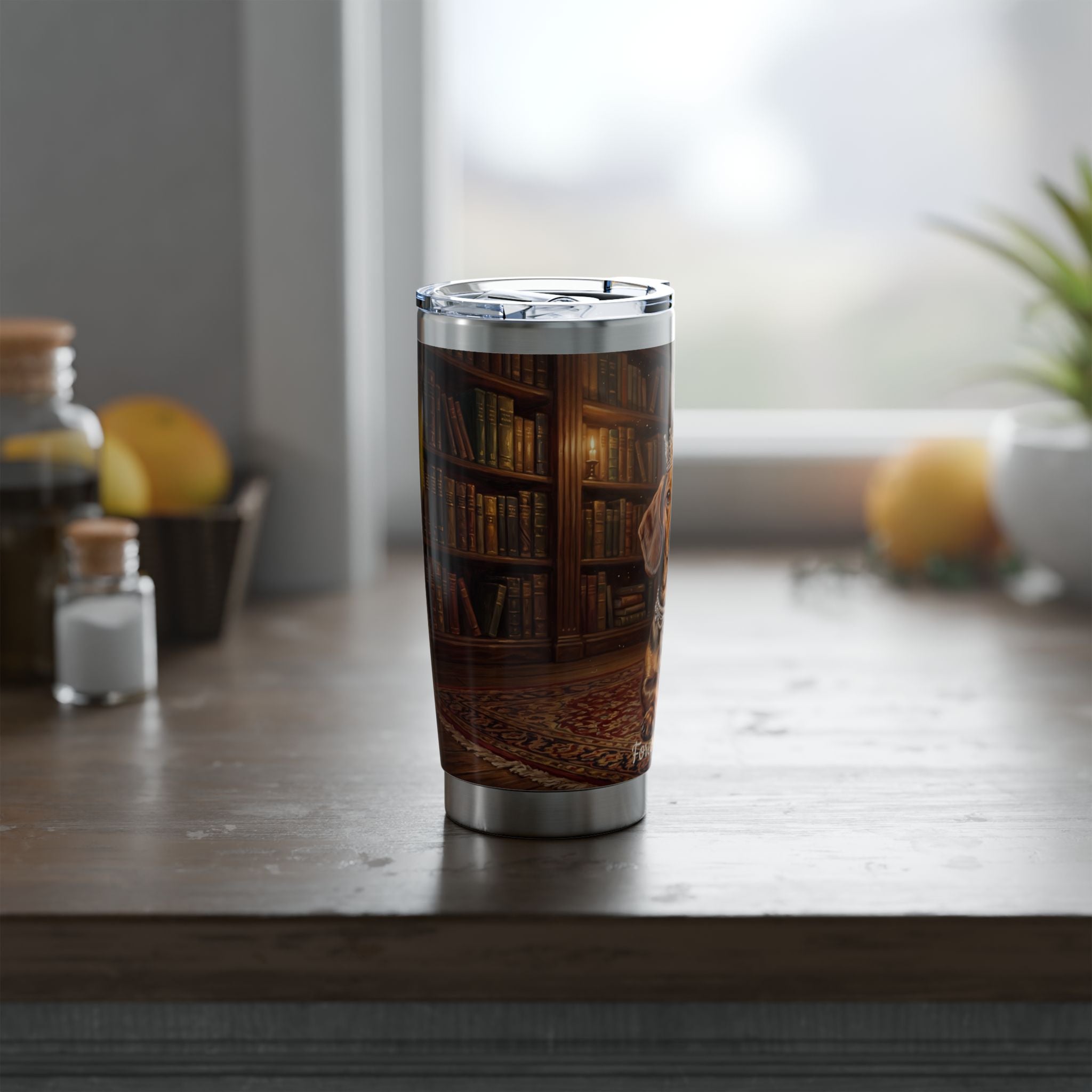Dachshund Royal Portrait Stainless Tumbler — 20 oz Personalized Travel Mug with Vintage Library Design