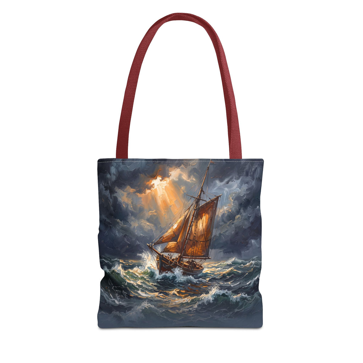 Stormy Sea Sailing Ship Tote Bag – Dramatic Ocean Oil Painting Style Beach Bag