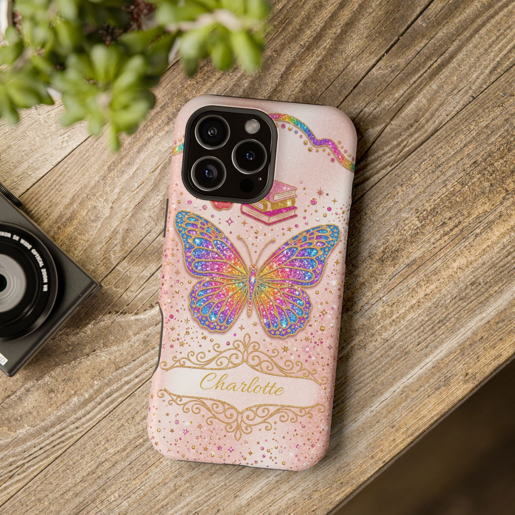 Blush Glitter Butterfly Personalized Teacher Phone Case — Wireless Charging Cover