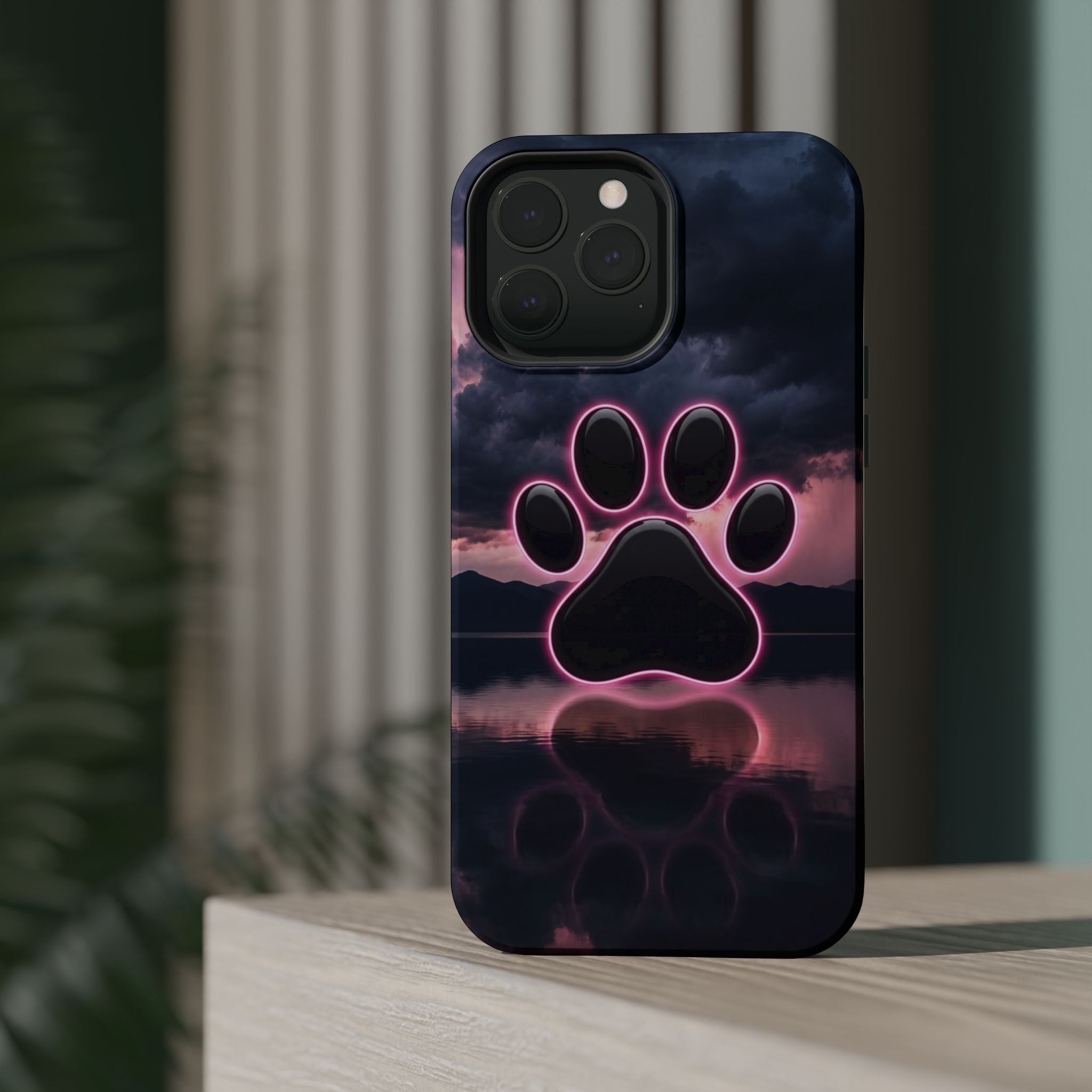 Neon Paw Print Phone Case — Impact-Resistant Wireless Charging Cover