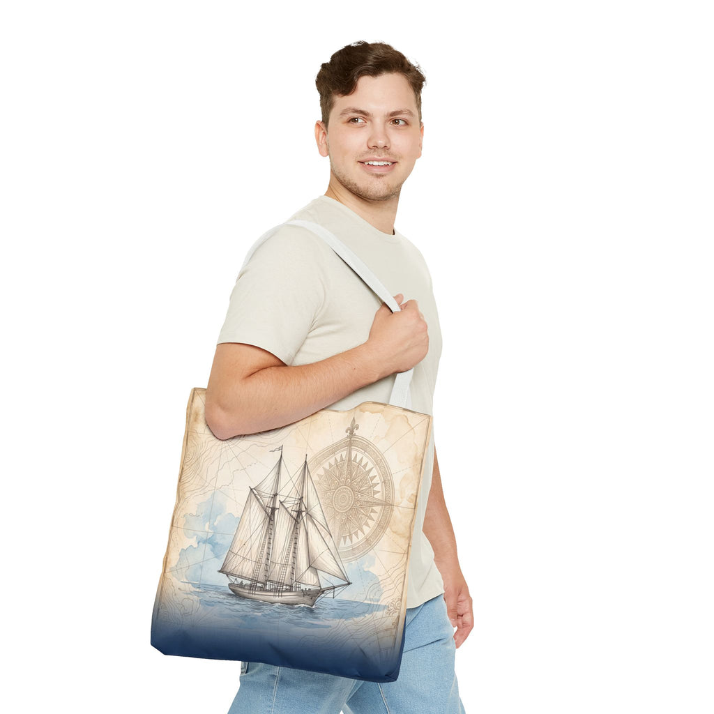 Vintage Schooner Tote Bag – Antique Nautical Map Compass Beach Bag