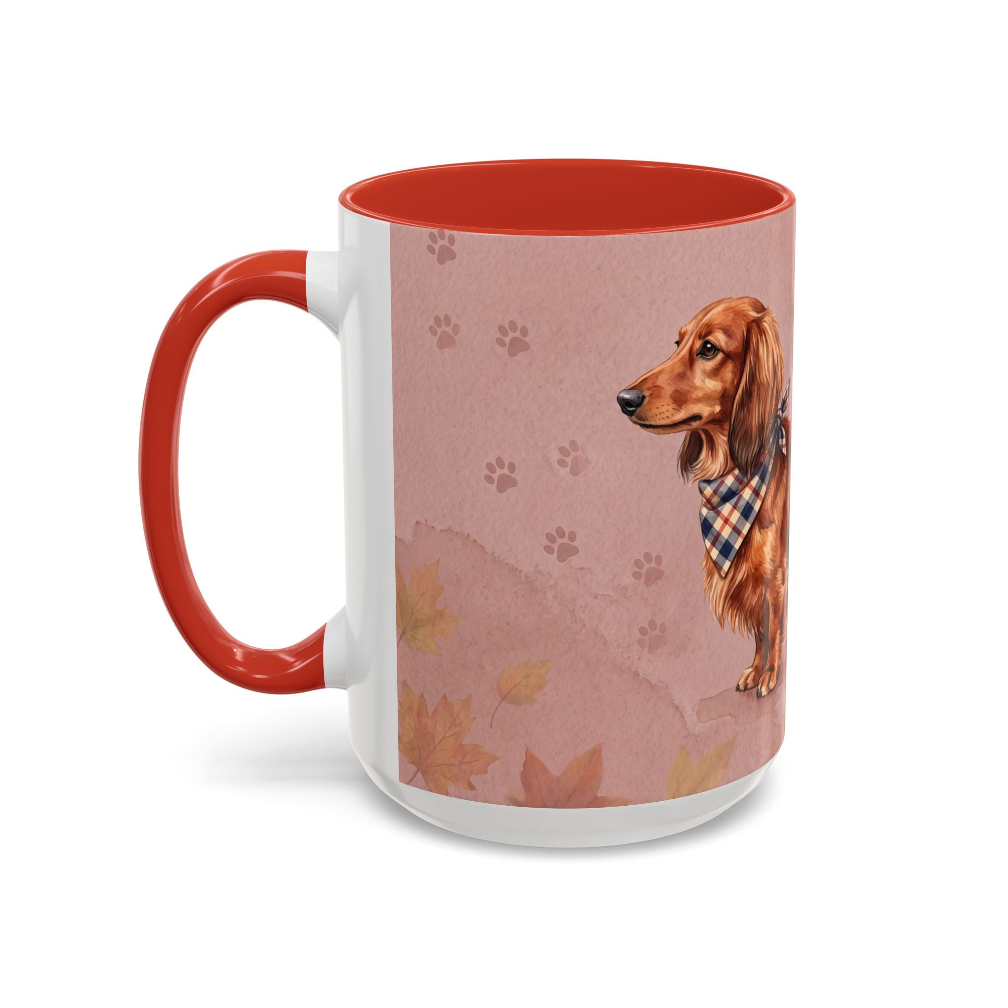 Dachshund Lover Mug | Long-Haired Wiener Dog with Plaid Bandana, Dusty Rose Watercolor Dog Gift