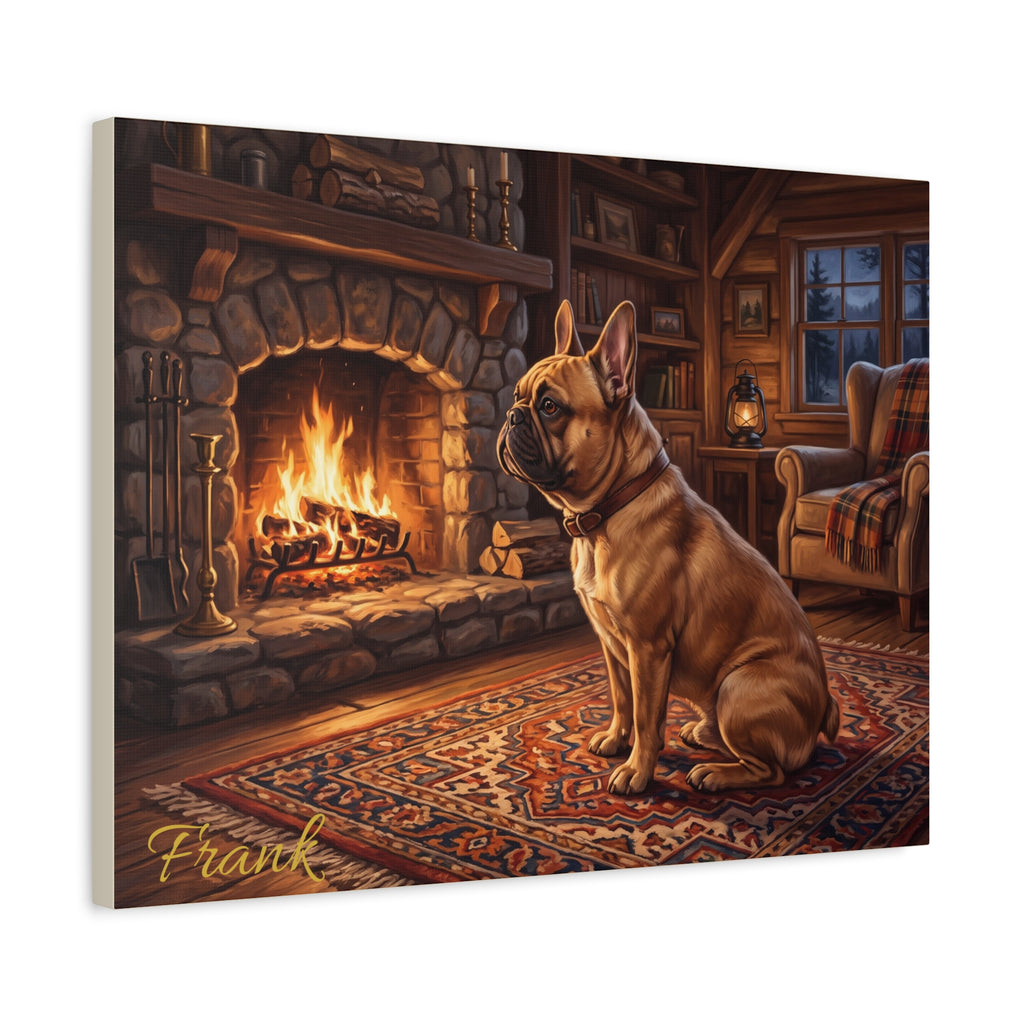 French Bulldog Personalized Canvas | Cozy Cabin Fireplace Wall Art