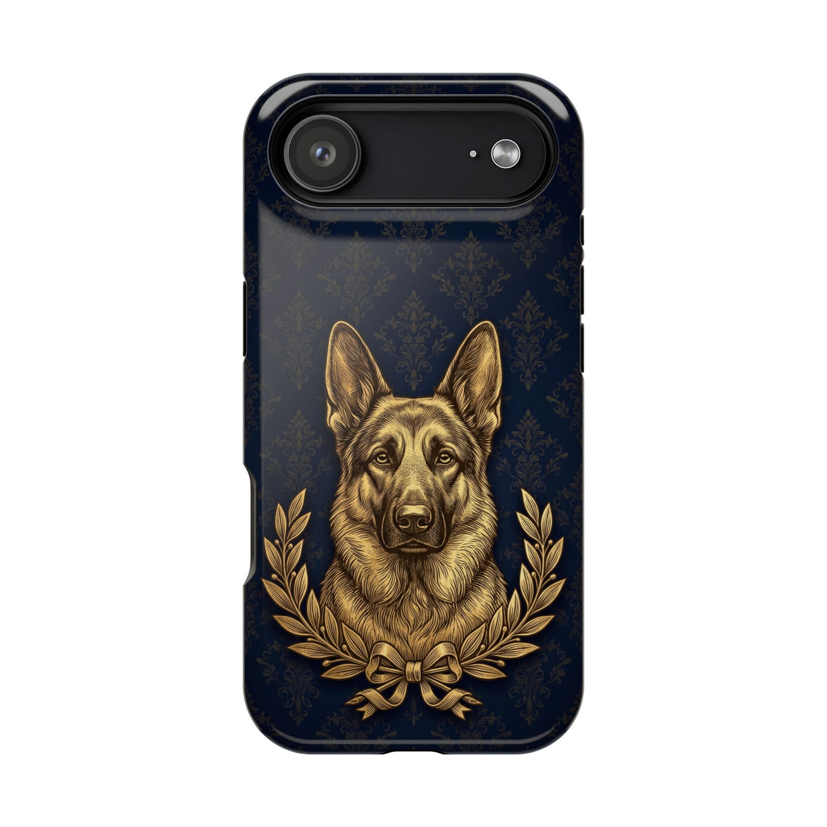 German Shepherd Phone Case | Navy Gold Laurel Art — Tough Magnetic Case with Wireless Charging