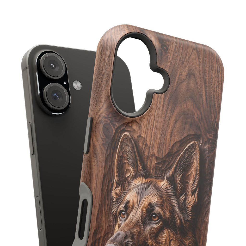 German Shepherd Phone Case | Carved Walnut Art — Tough Magnetic Case with Wireless Charging