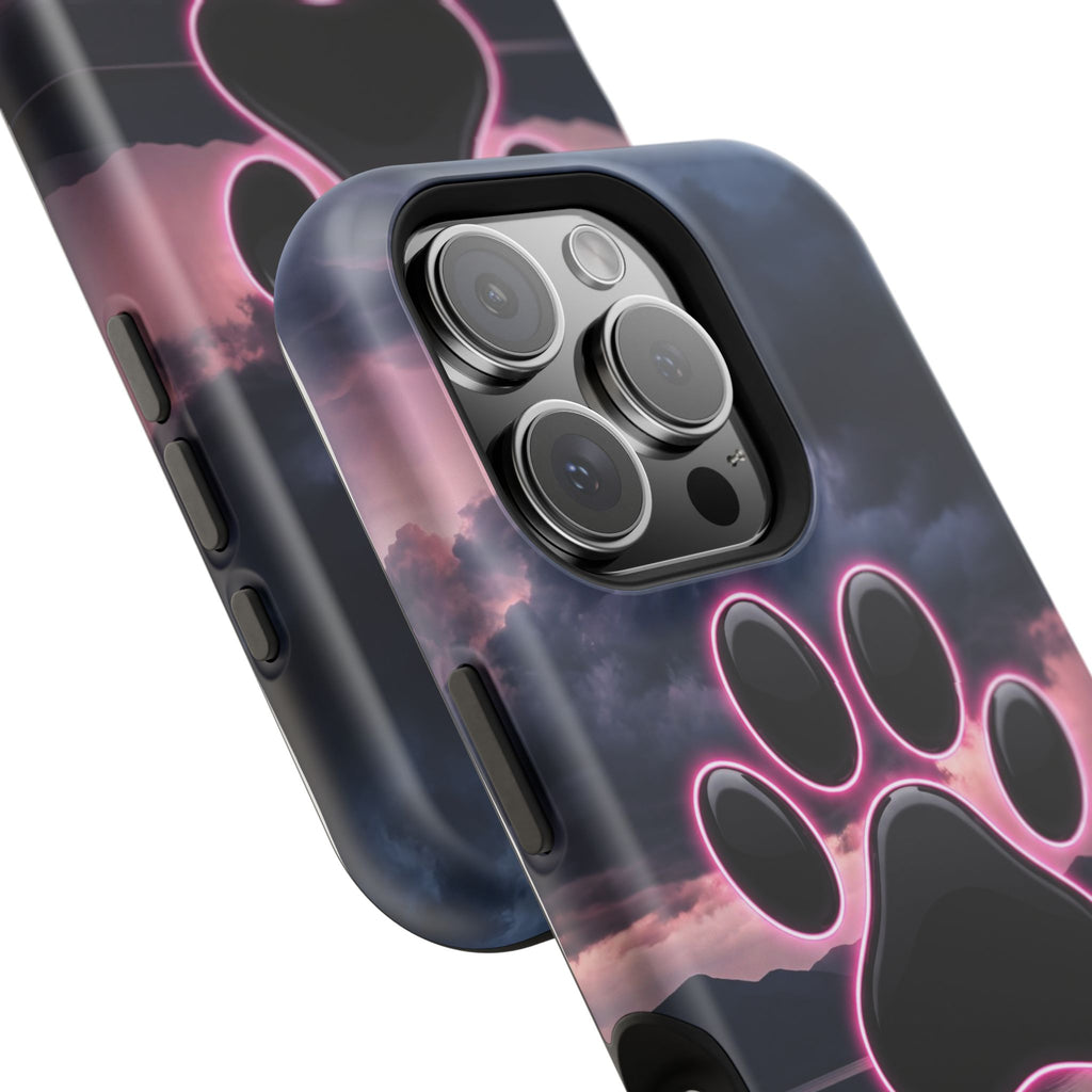 Neon Paw Print Phone Case — Impact-Resistant Wireless Charging Cover