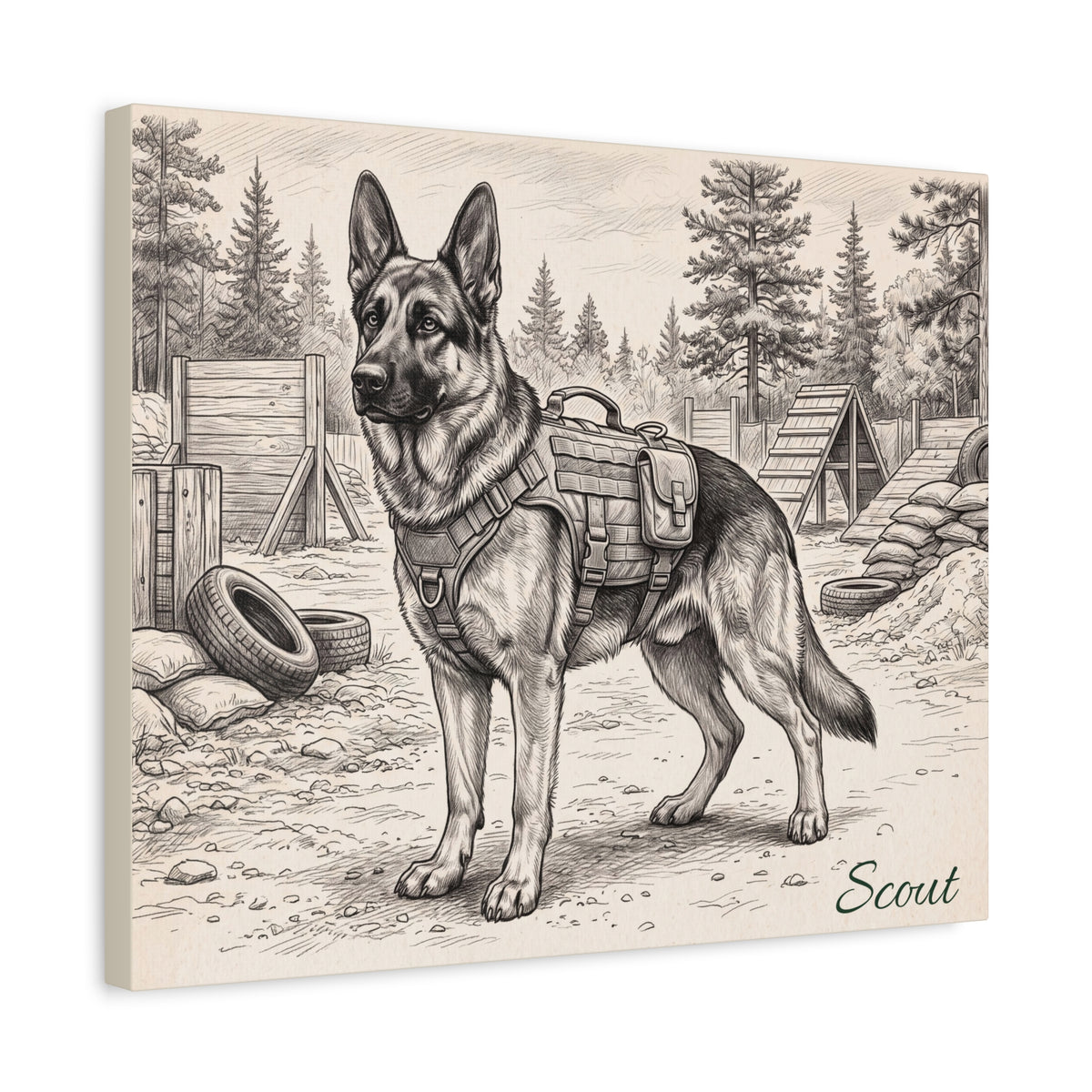 German Shepherd Personalized Canvas | Military Working Dog Sketch Wall Art