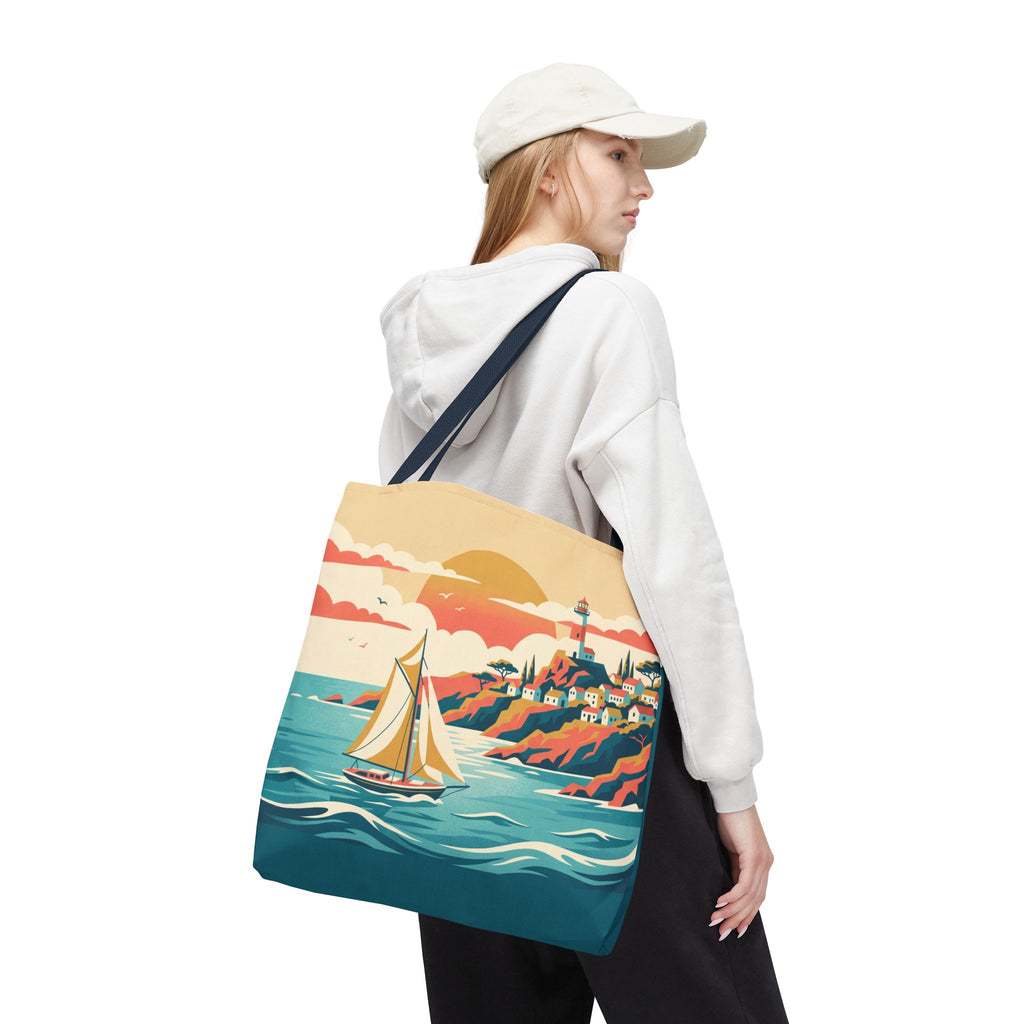 Coastal Lighthouse Sailboat Tote Bag – Retro Seaside Sunset Beach Bag