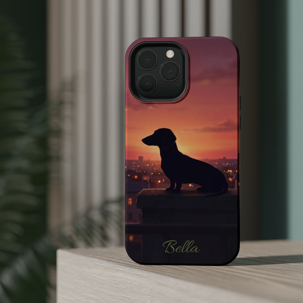 Personalized Dachshund Rooftop Sunset Phone Case — Wireless Charging Cover