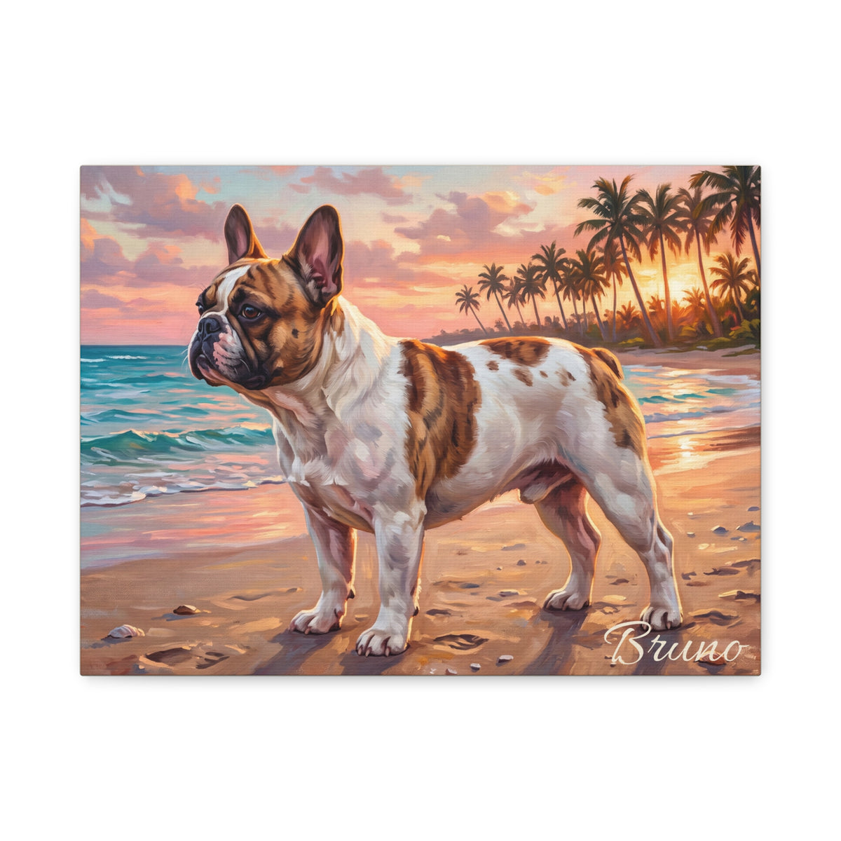 French Bulldog Personalized Canvas | Pied Frenchie Turquoise Beach Sunset Wall Art
