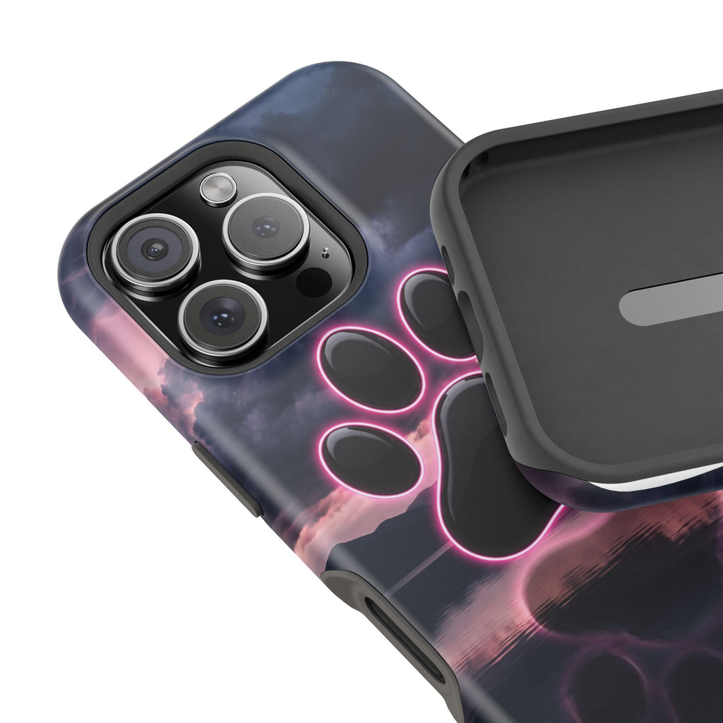 Neon Paw Print Phone Case — Impact-Resistant Wireless Charging Cover