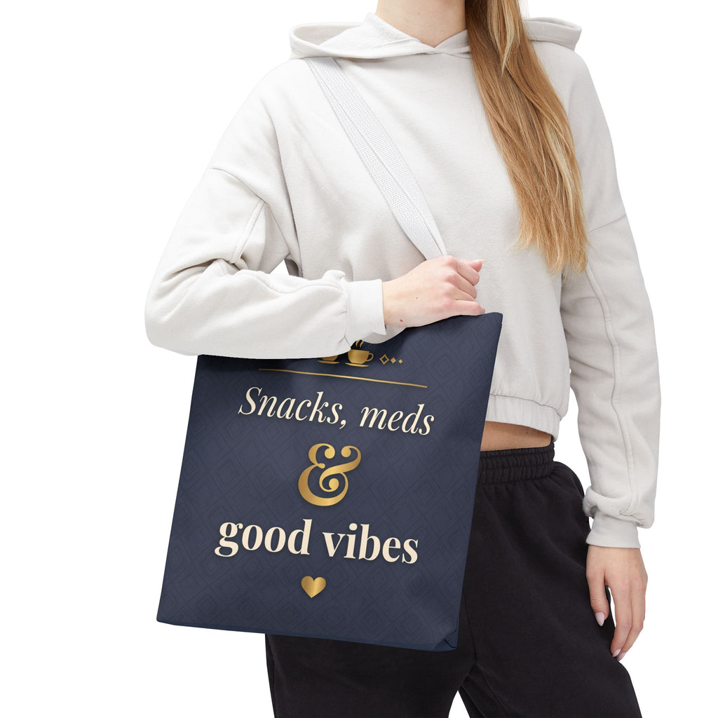 Snacks Meds & Good Vibes Tote | Funny Nurse Gift Tote Bag | Healthcare Worker Humour Gift | Premium Polyester Carry-All