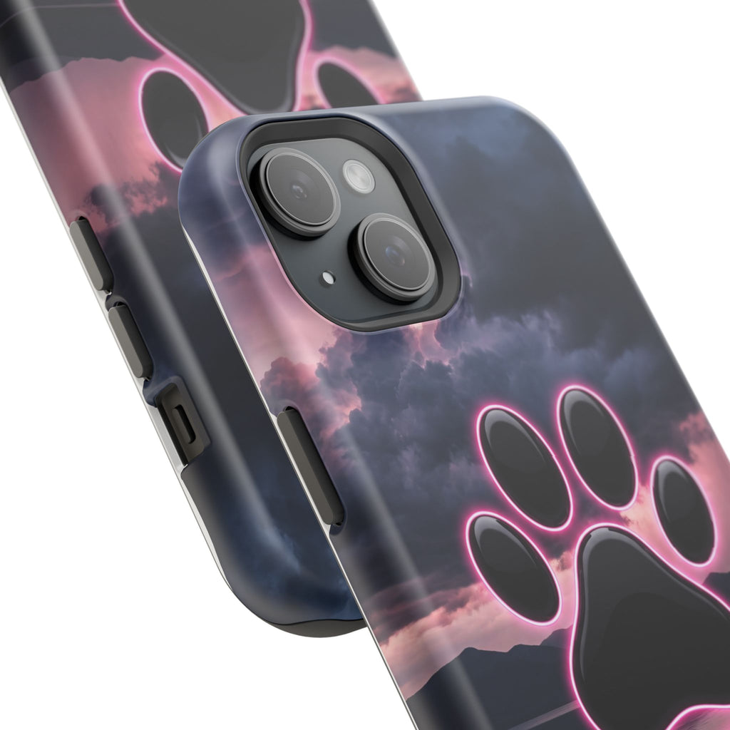 Neon Paw Print Phone Case — Impact-Resistant Wireless Charging Cover