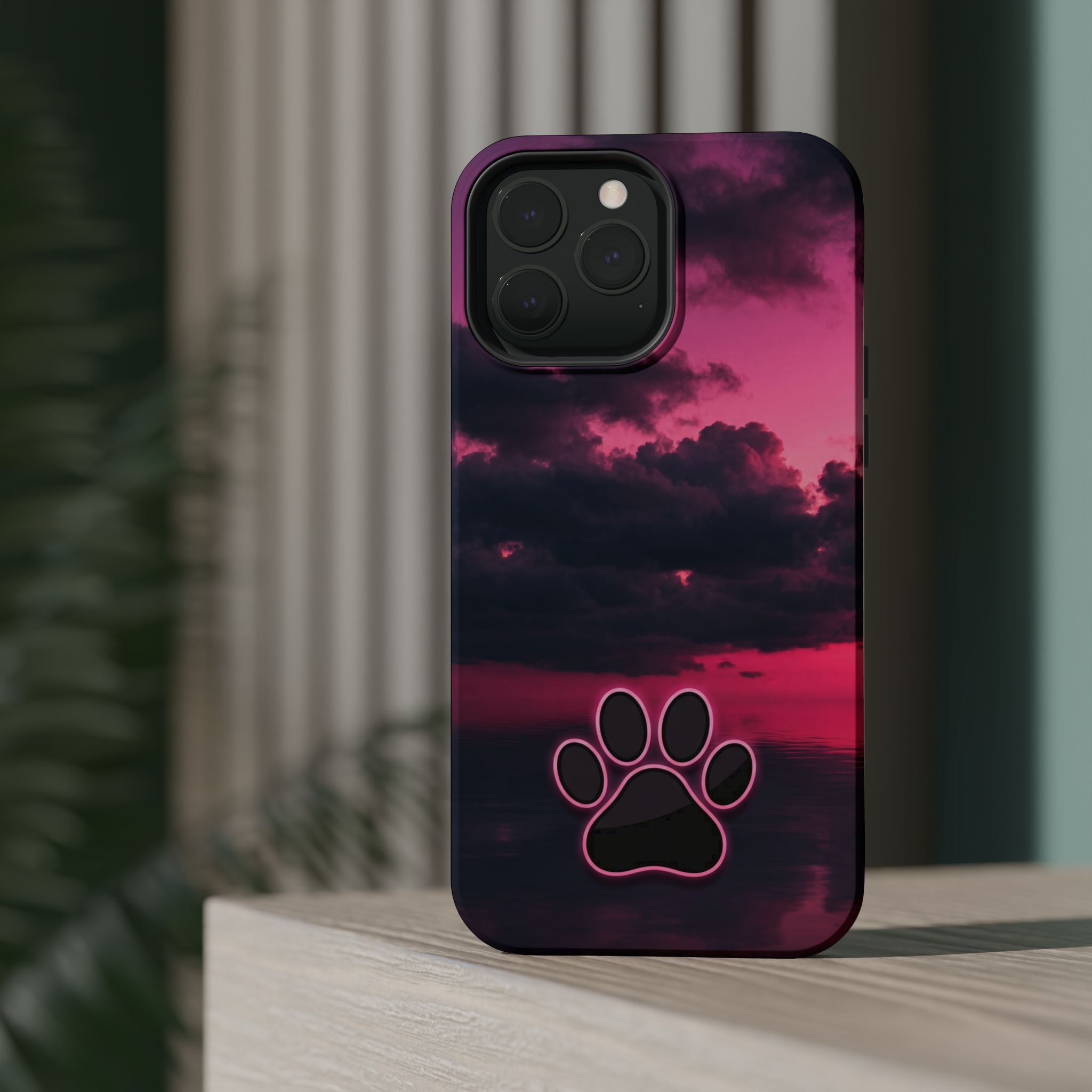 iPhone & Samsung Magnetic Impact-Resistant Phone Case — Pink Twilight Cloud with Paw Print