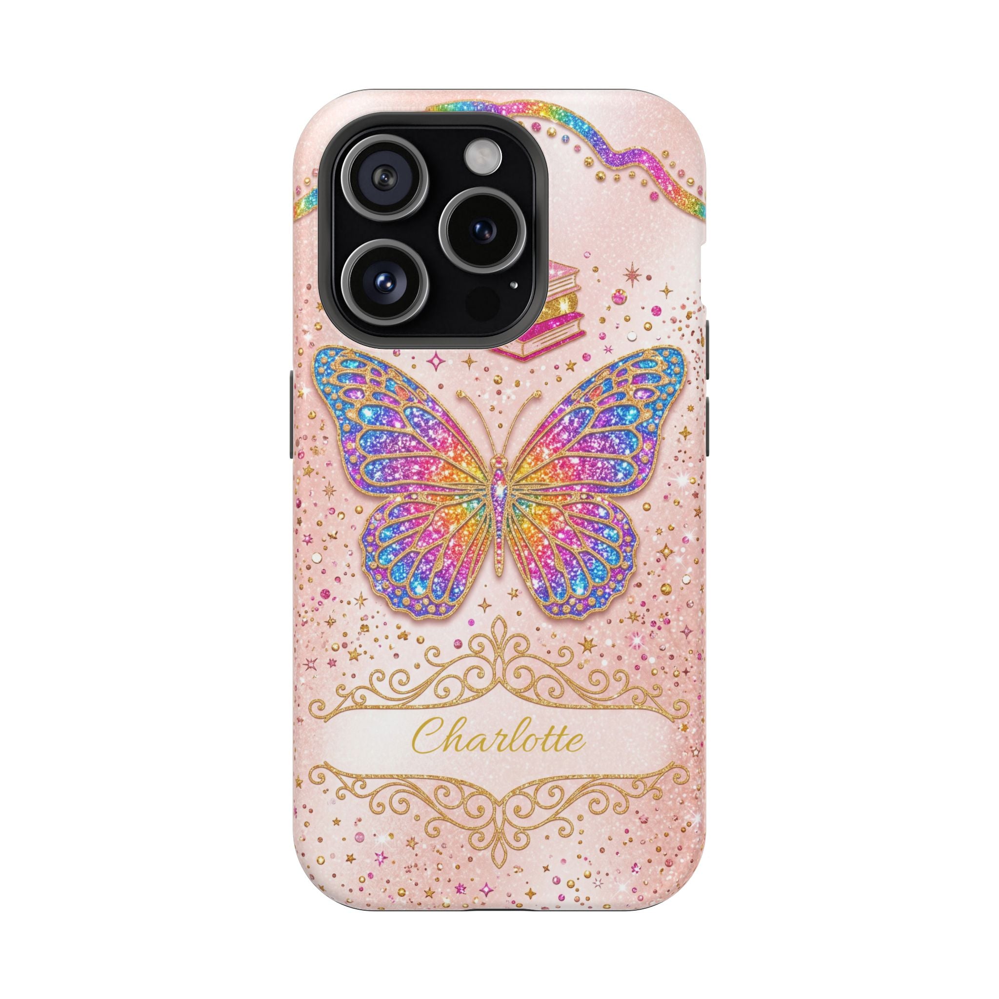 Blush Glitter Butterfly Personalized Teacher Phone Case — Wireless Charging Cover