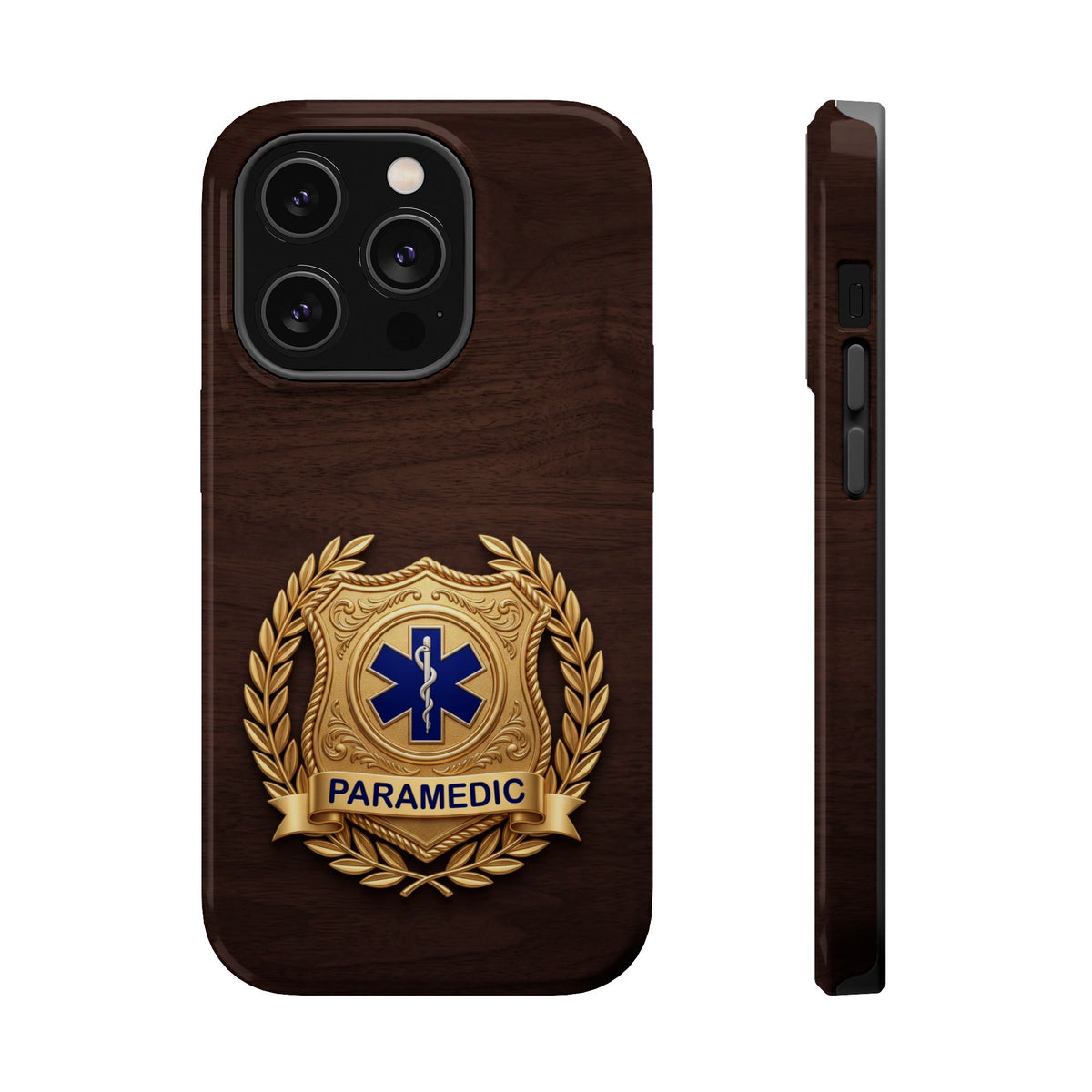 Gold Paramedic Laurel Badge Wood Phone Case — Magnetic Wireless Charging Cover