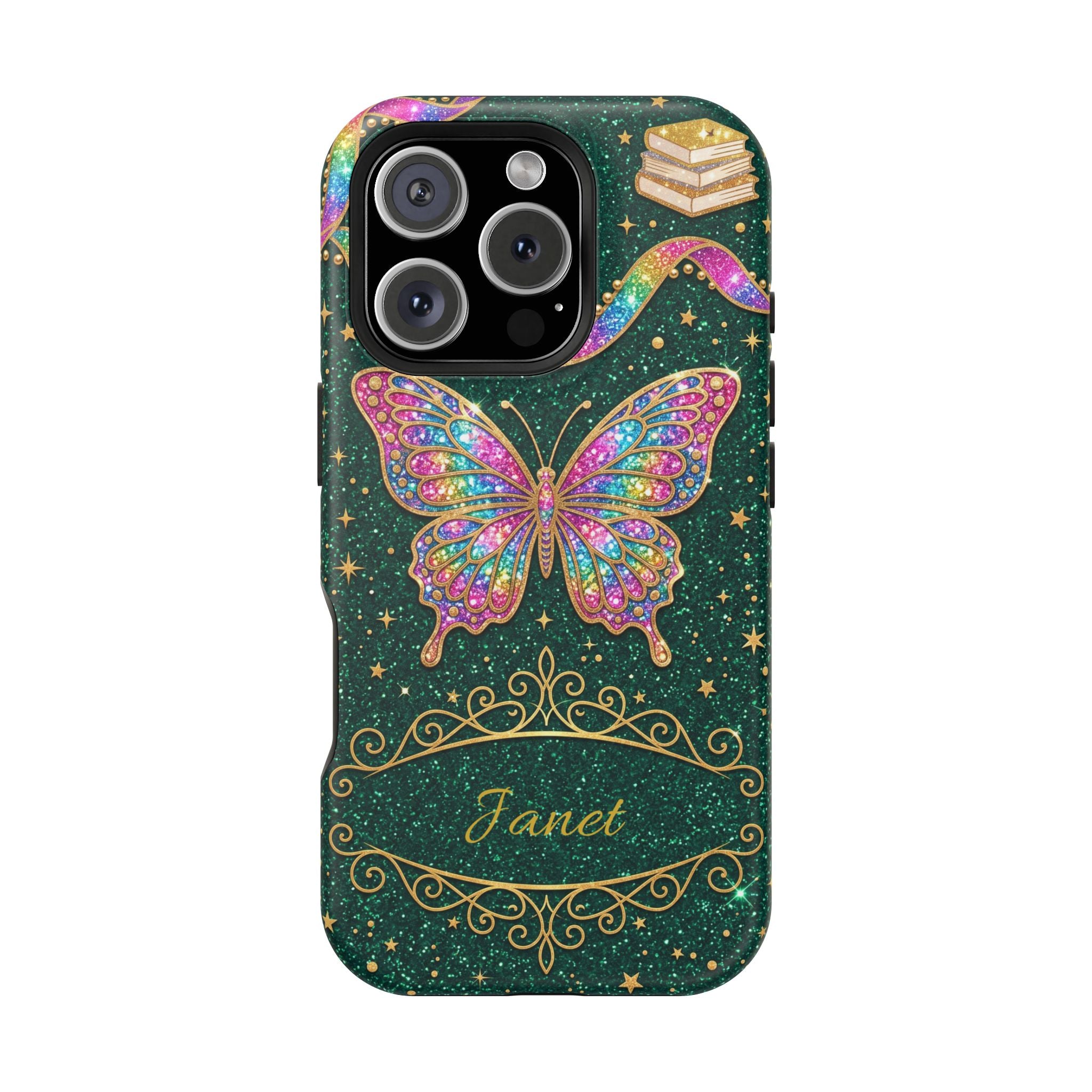 Rainbow Glitter Butterfly Personalized Teacher Phone Case — Wireless Charging Cover