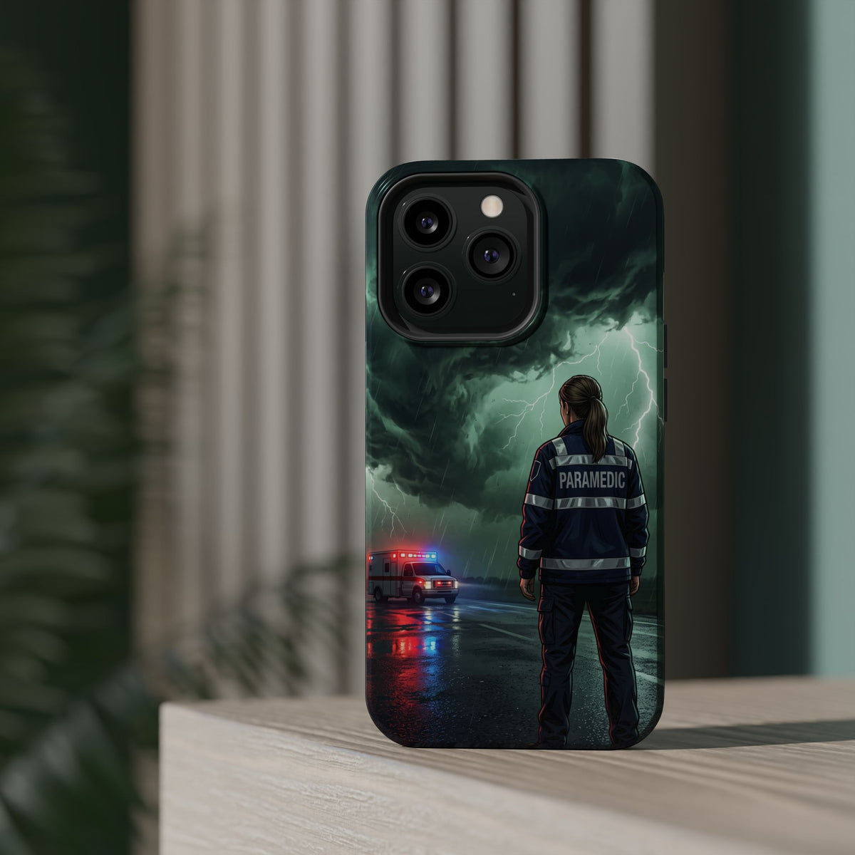 Female Paramedic Green Storm Phone Case — Magnetic Wireless Charging Cover