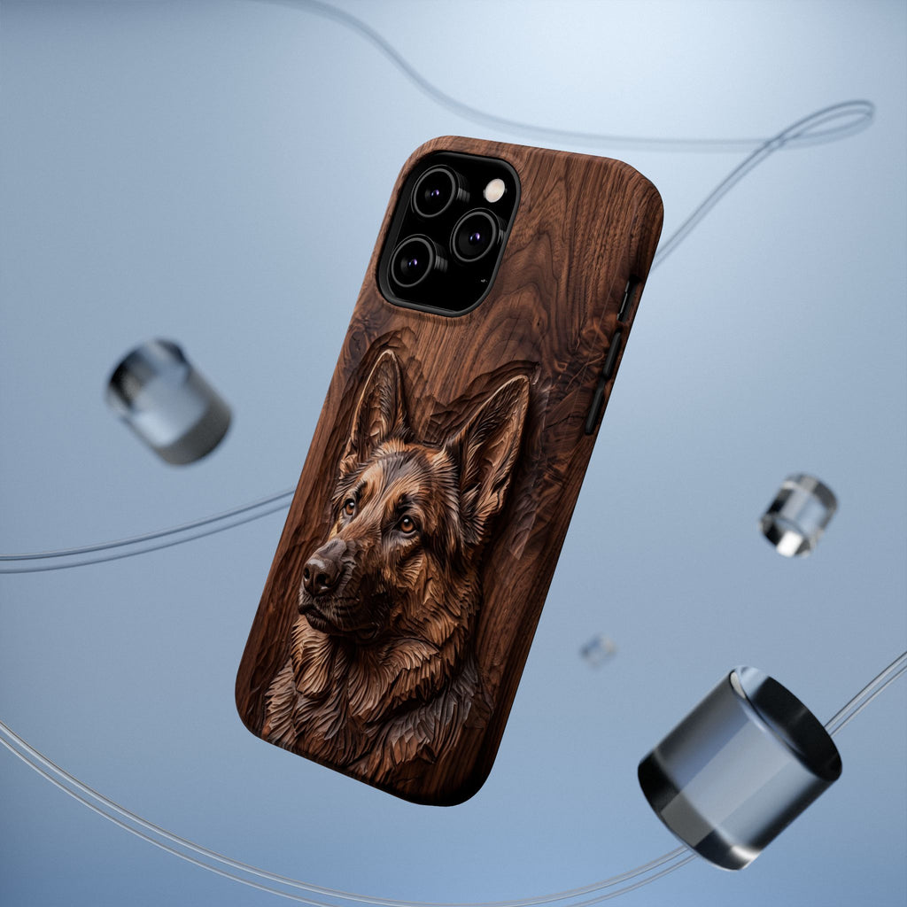 German Shepherd Phone Case | Carved Walnut Art — Tough Magnetic Case with Wireless Charging