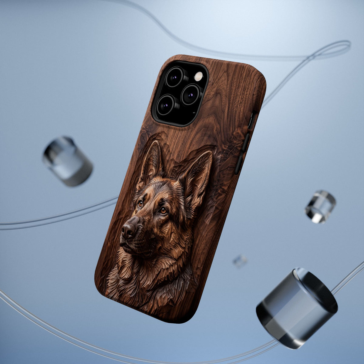 German Shepherd Phone Case | Carved Walnut Art — Tough Magnetic Case with Wireless Charging