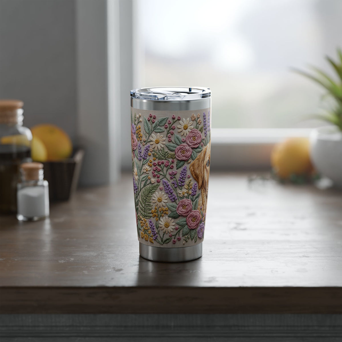 Labrador Tumbler | Floral Embroidery Art — 20 oz Stainless Travel Mug
