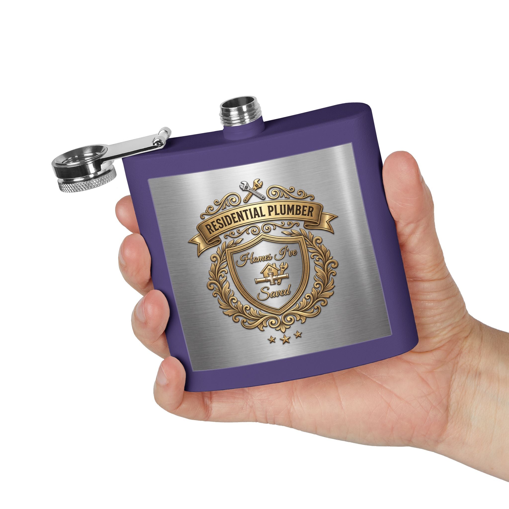 Flask — "Residential Plumber: Homes I've Saved" 6oz Stainless Steel Hip Flask