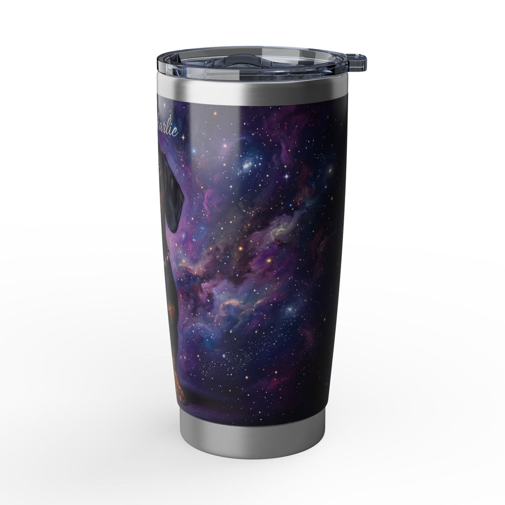 Dachshund Purple Galaxy Stainless Tumbler — 20oz Personalized Travel Mug with Black & Tan Cosmic Design