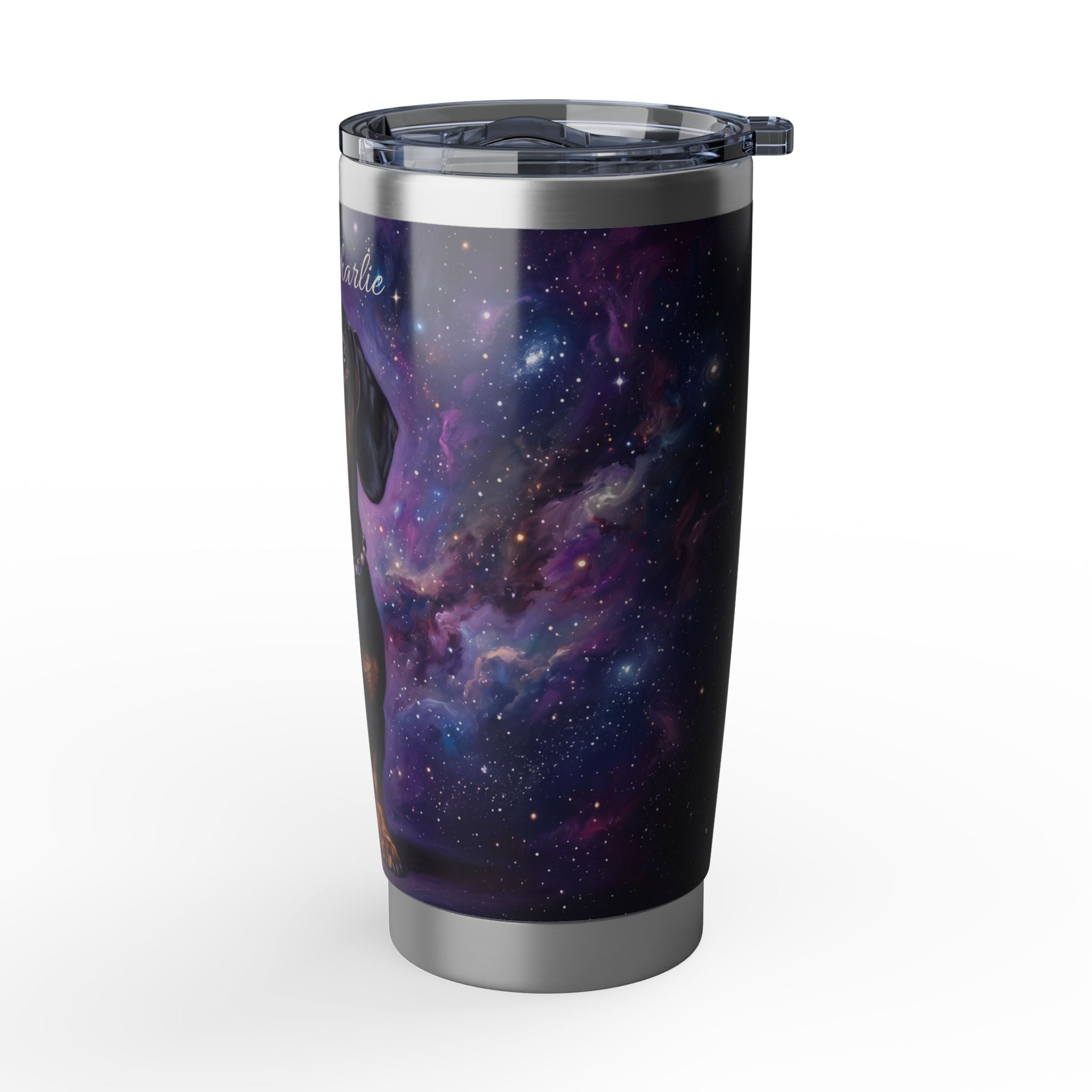 Dachshund Purple Galaxy Stainless Tumbler — 20oz Personalized Travel Mug with Black & Tan Cosmic Design