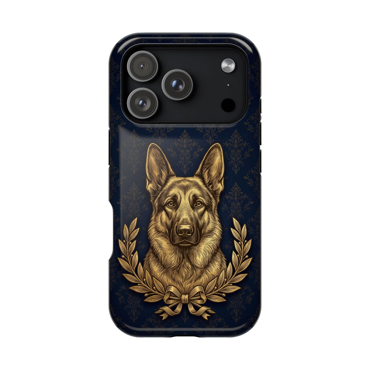 German Shepherd Phone Case | Navy Gold Laurel Art — Tough Magnetic Case with Wireless Charging