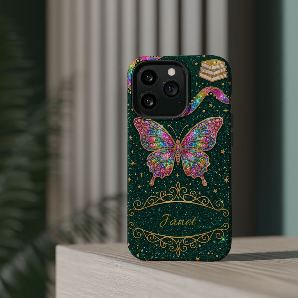 Rainbow Glitter Butterfly Personalized Teacher Phone Case — Wireless Charging Cover