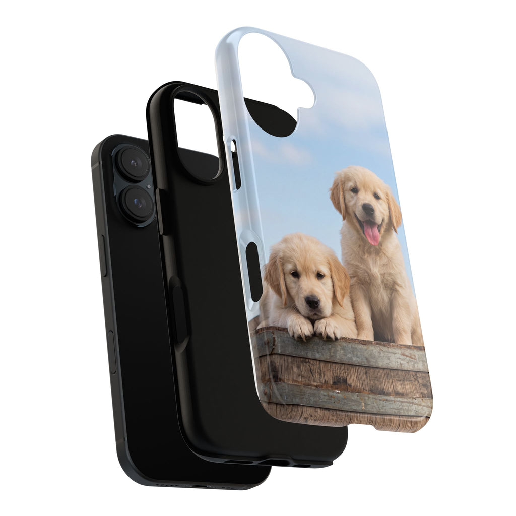 Golden Retriever Puppies on Barrel Phone Case | Cute Duo Under Blue Sky | iPhone & Samsung