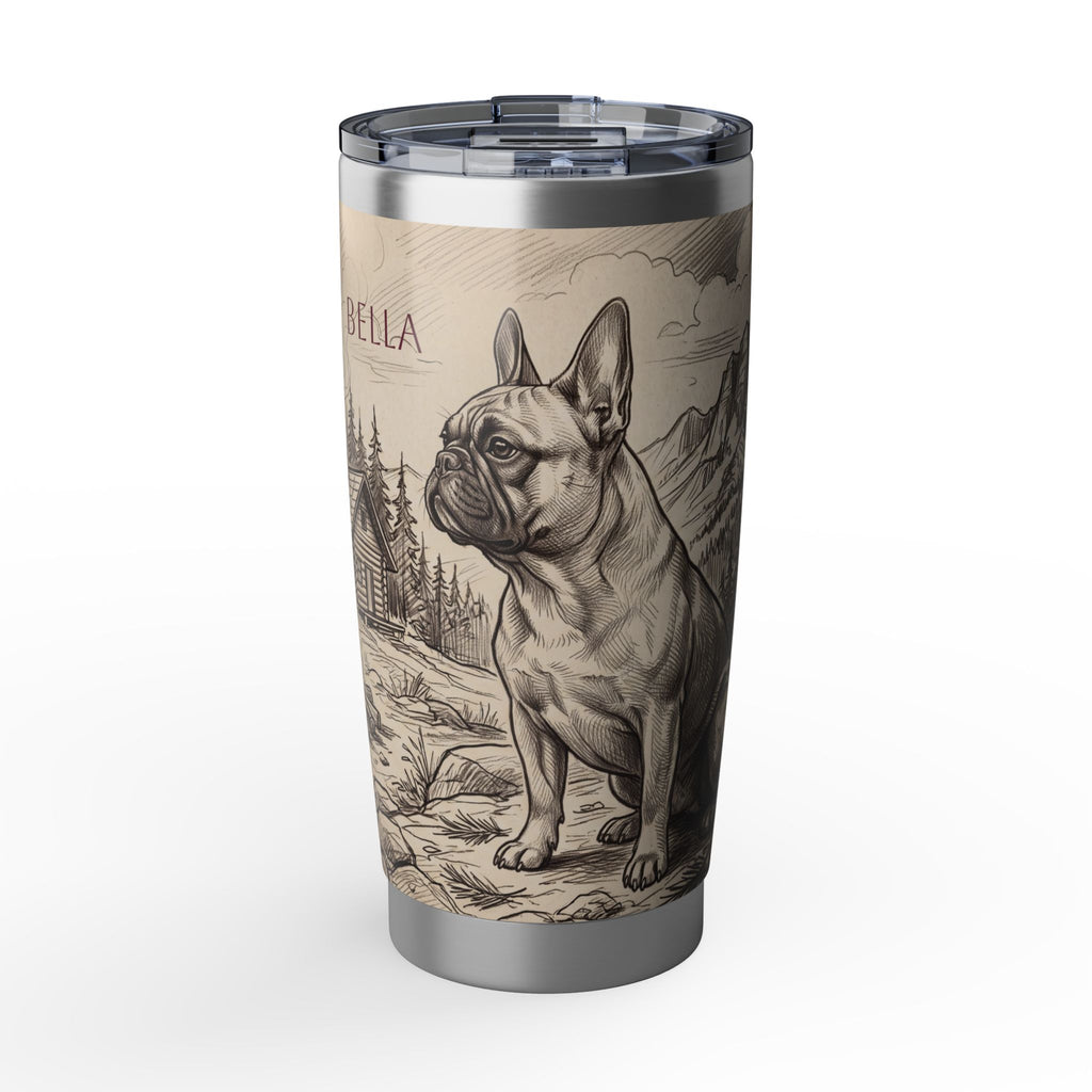 Frenchie Adventure Stainless Tumbler — 20 oz Personalized Travel Mug with Mountain Campfire Design