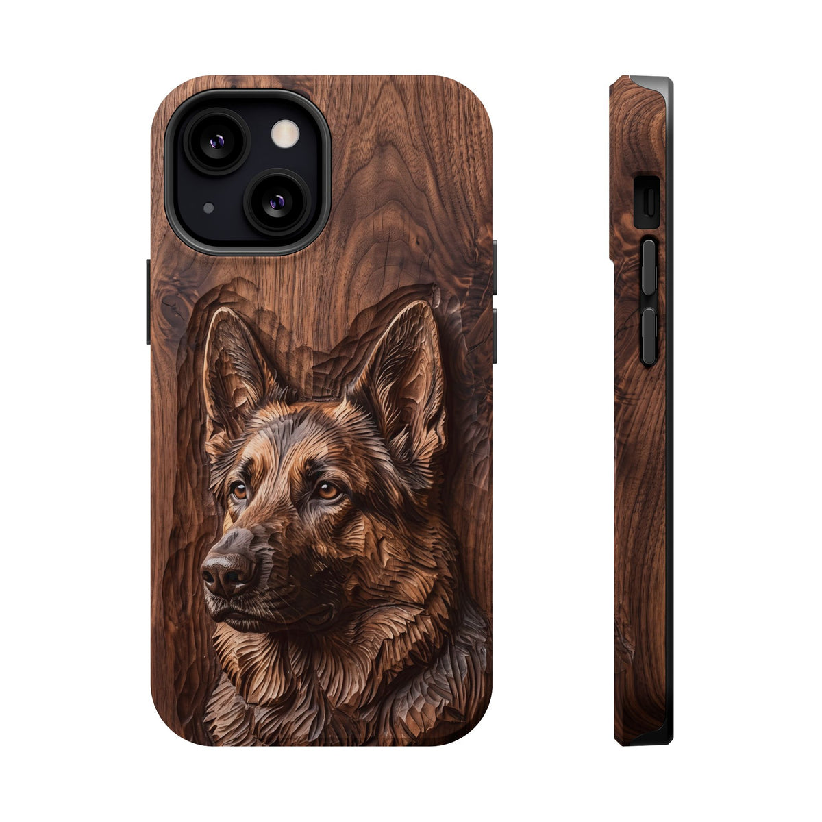 German Shepherd Phone Case | Carved Walnut Art — Tough Magnetic Case with Wireless Charging