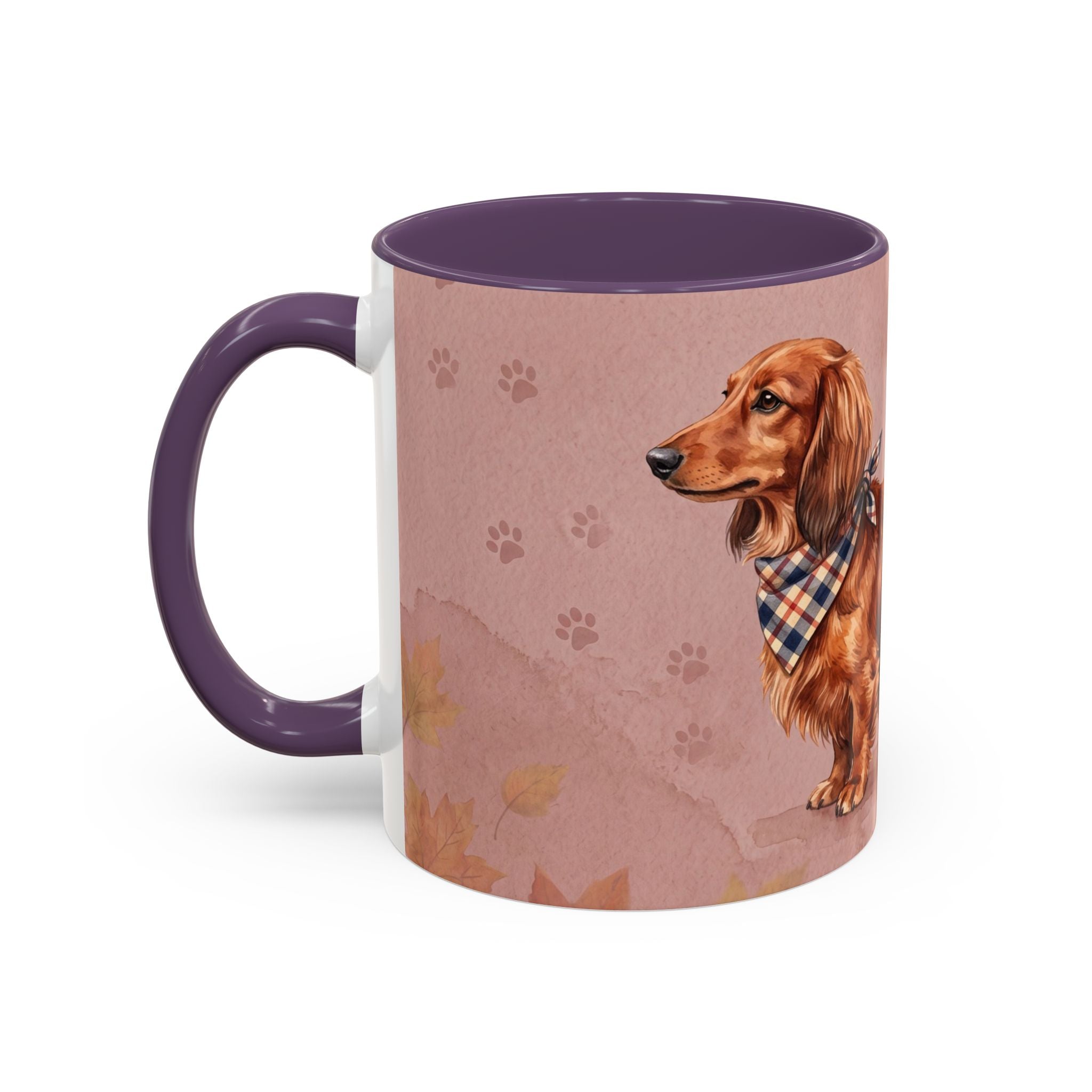 Dachshund Lover Mug | Long-Haired Wiener Dog with Plaid Bandana, Dusty Rose Watercolor Dog Gift