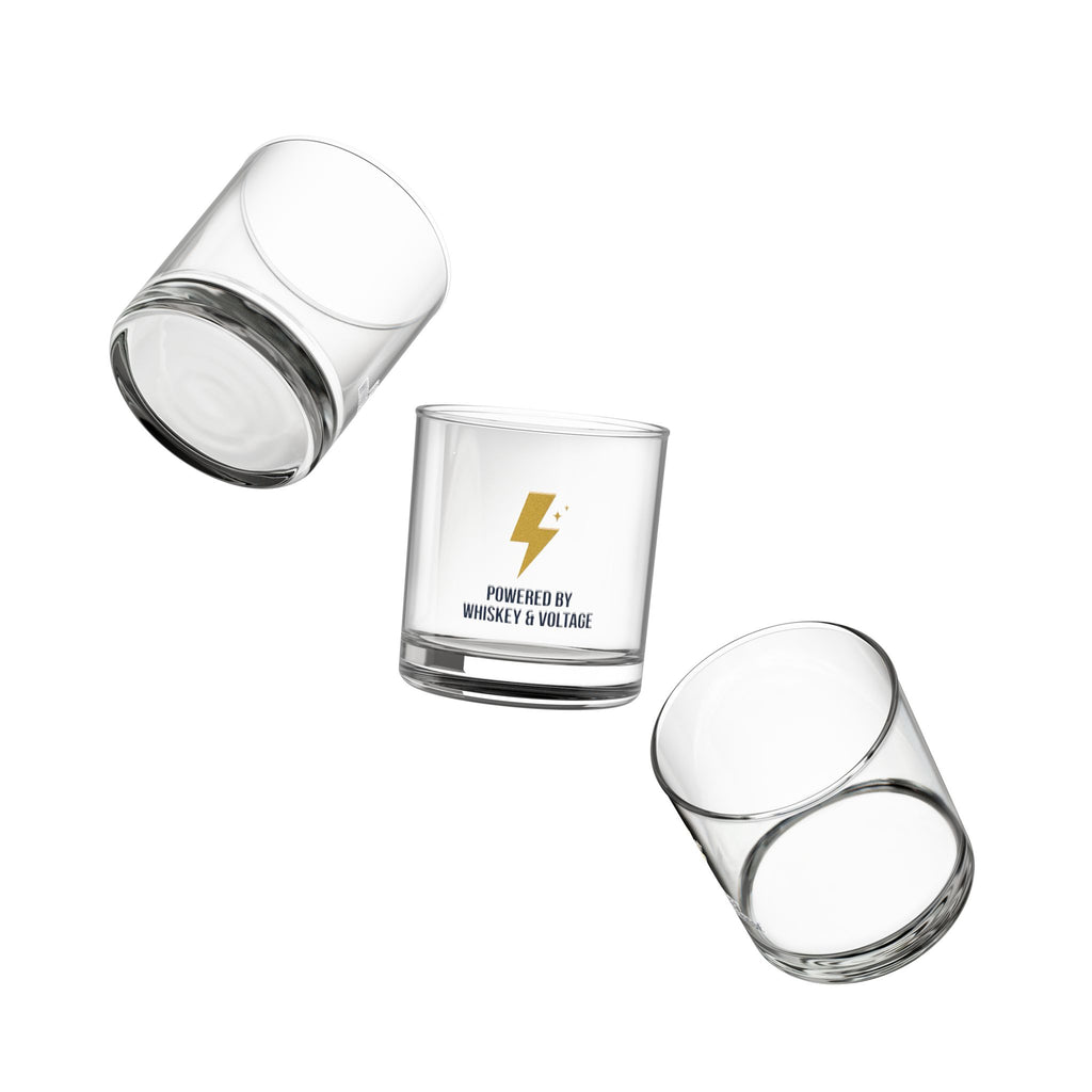 Powered By Whiskey & Voltage Rocks Glass 10oz — Gold Lightning Bolt Electrician Glass