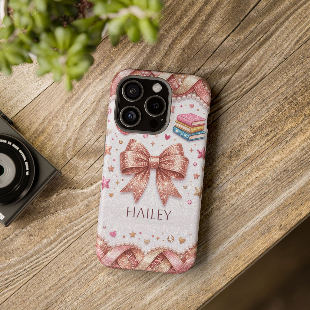 Rose Gold Glitter Bow Personalized Teacher Phone Case — Wireless Charging Cover