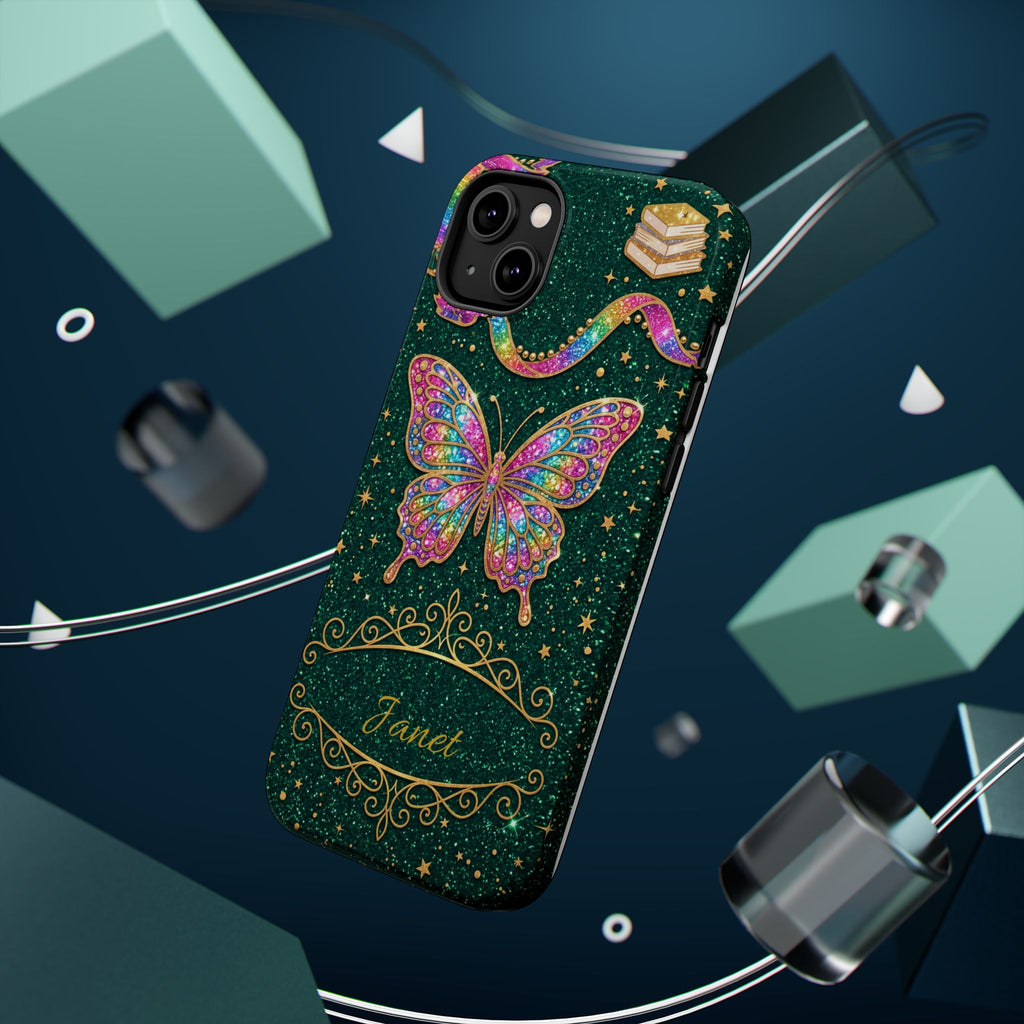 Rainbow Glitter Butterfly Personalized Teacher Phone Case — Wireless Charging Cover