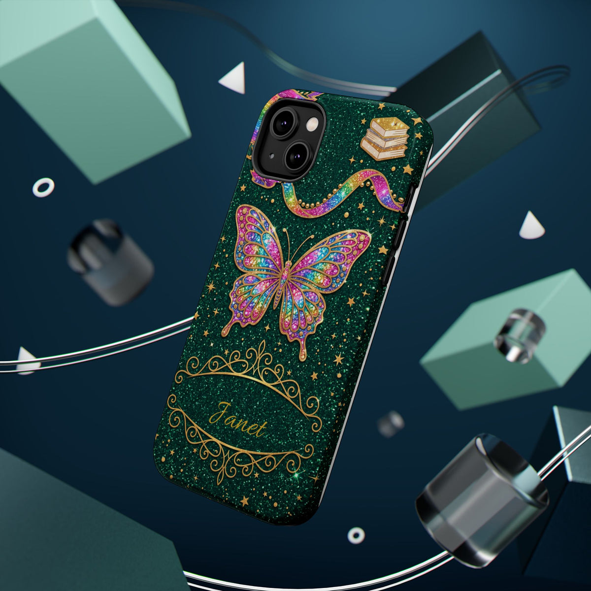 Rainbow Glitter Butterfly Personalized Teacher Phone Case — Wireless Charging Cover