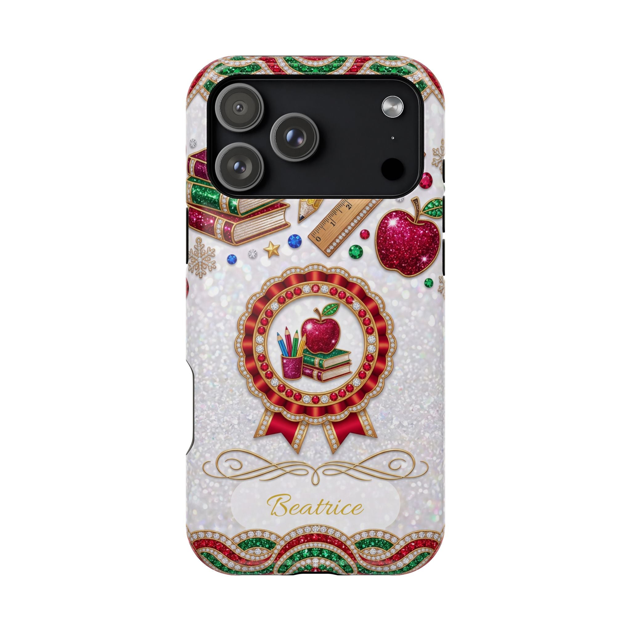 Jeweled Apple Medallion Personalized Teacher Phone Case — Wireless Charging Cover