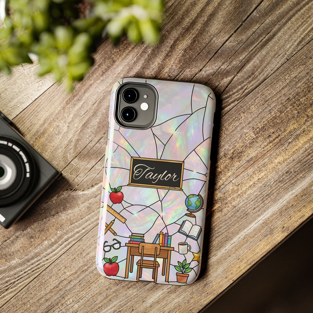 Personalized Teacher Phone Case — Custom Name Stained Glass Classroom Design