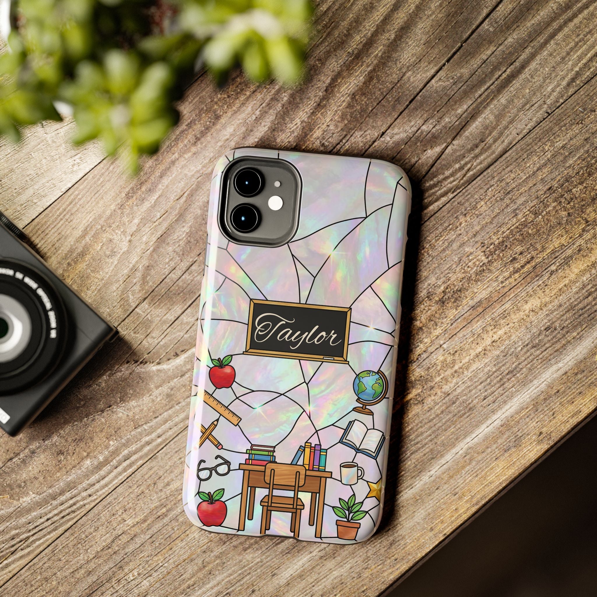 Personalized Teacher Phone Case — Custom Name Stained Glass Classroom Design
