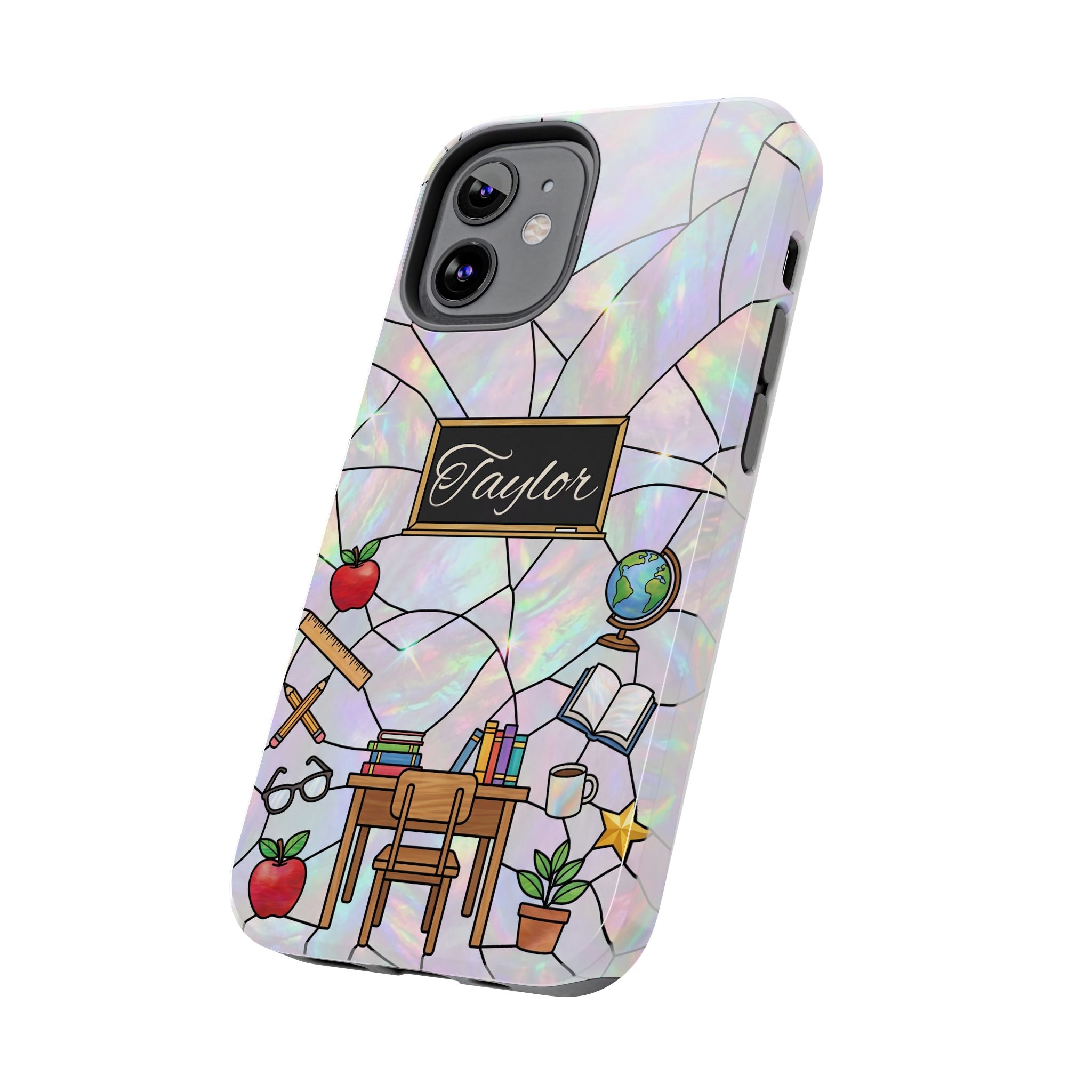 Personalized Teacher Phone Case — Custom Name Stained Glass Classroom Design