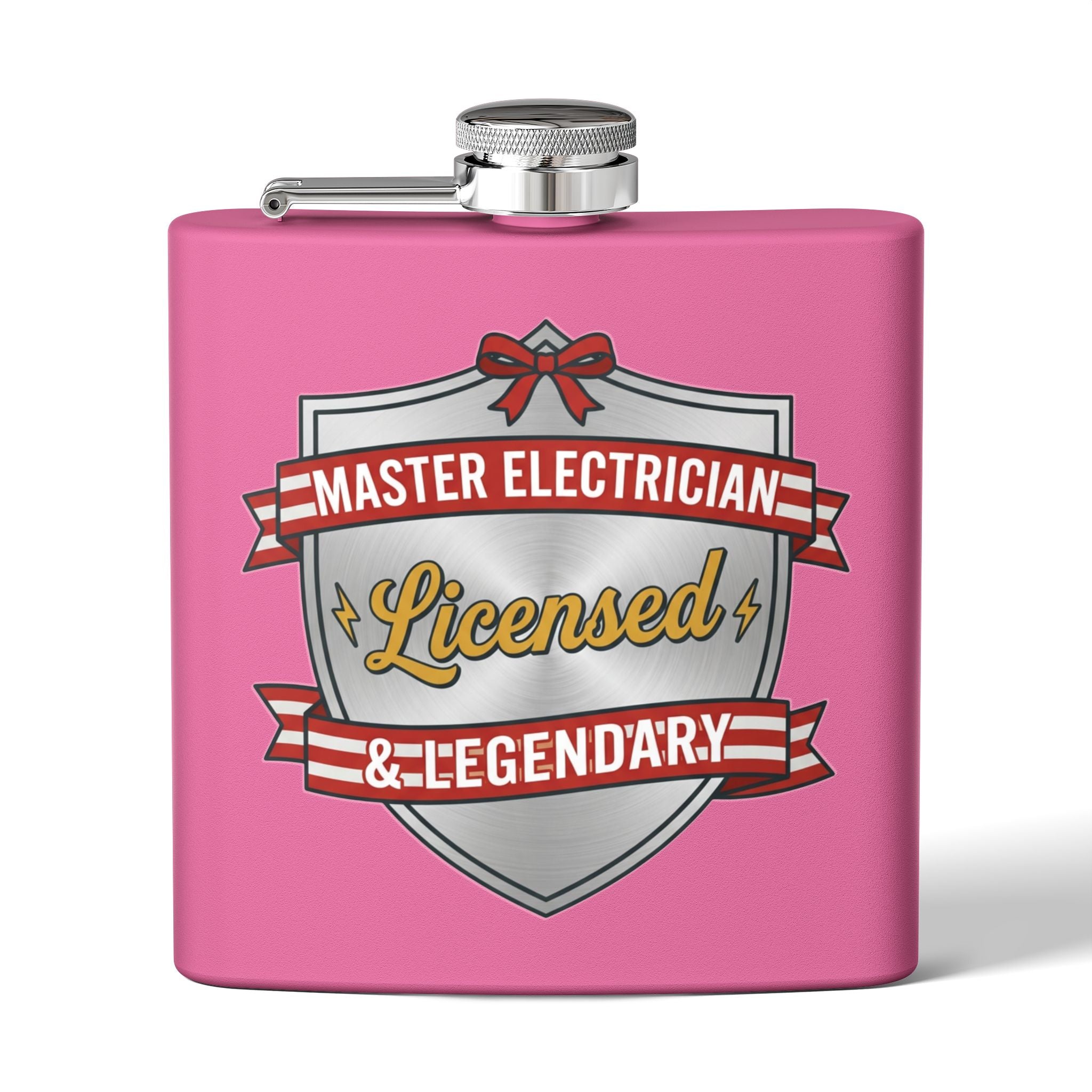Flask — "Master Electrician: Licensed & Legendary" (Shield Badge) 6oz Stainless Steel Hip Flask