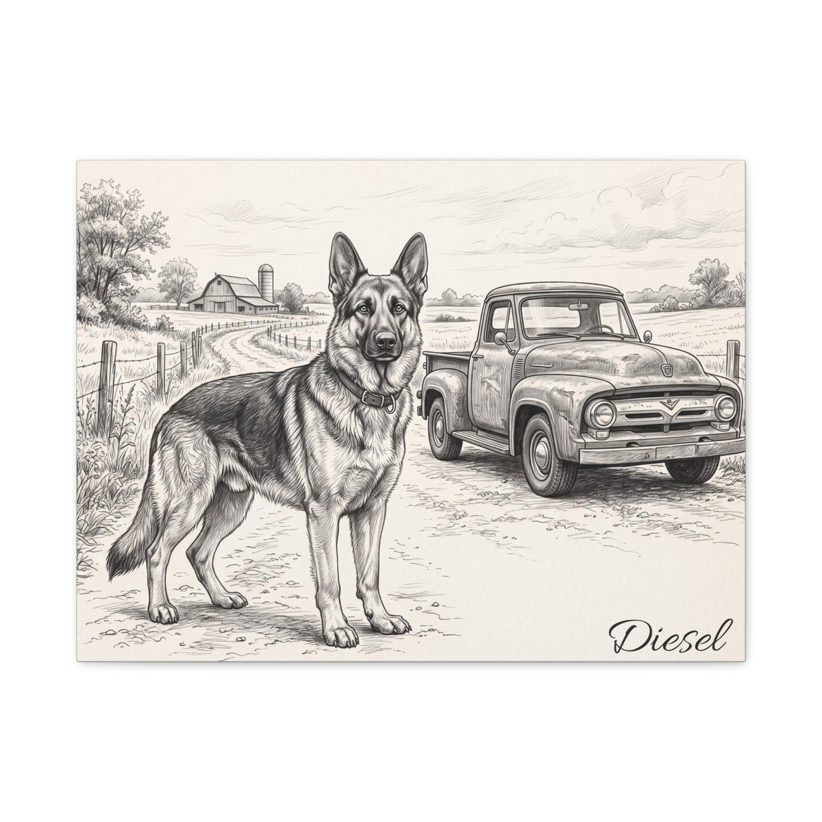 German Shepherd Personalized Canvas | Vintage Farm Truck Sketch Wall Art