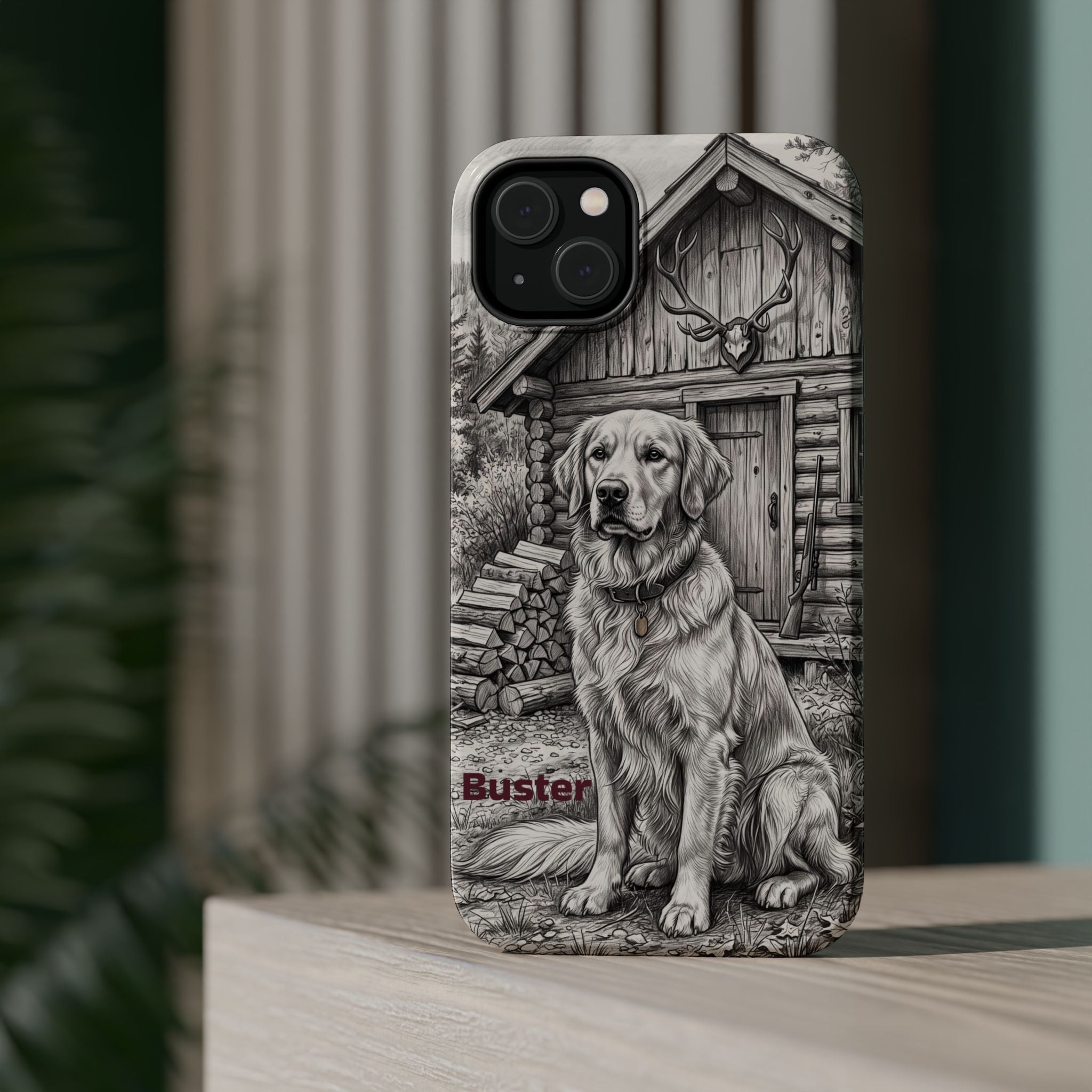 Personalized Golden Retriever Cabin Porch Phone Case — Wireless Charging Cover