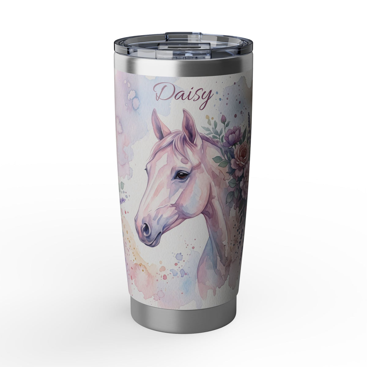 Horse Personalized Tumbler | Watercolor Floral Art — 20 oz Stainless Travel Mug