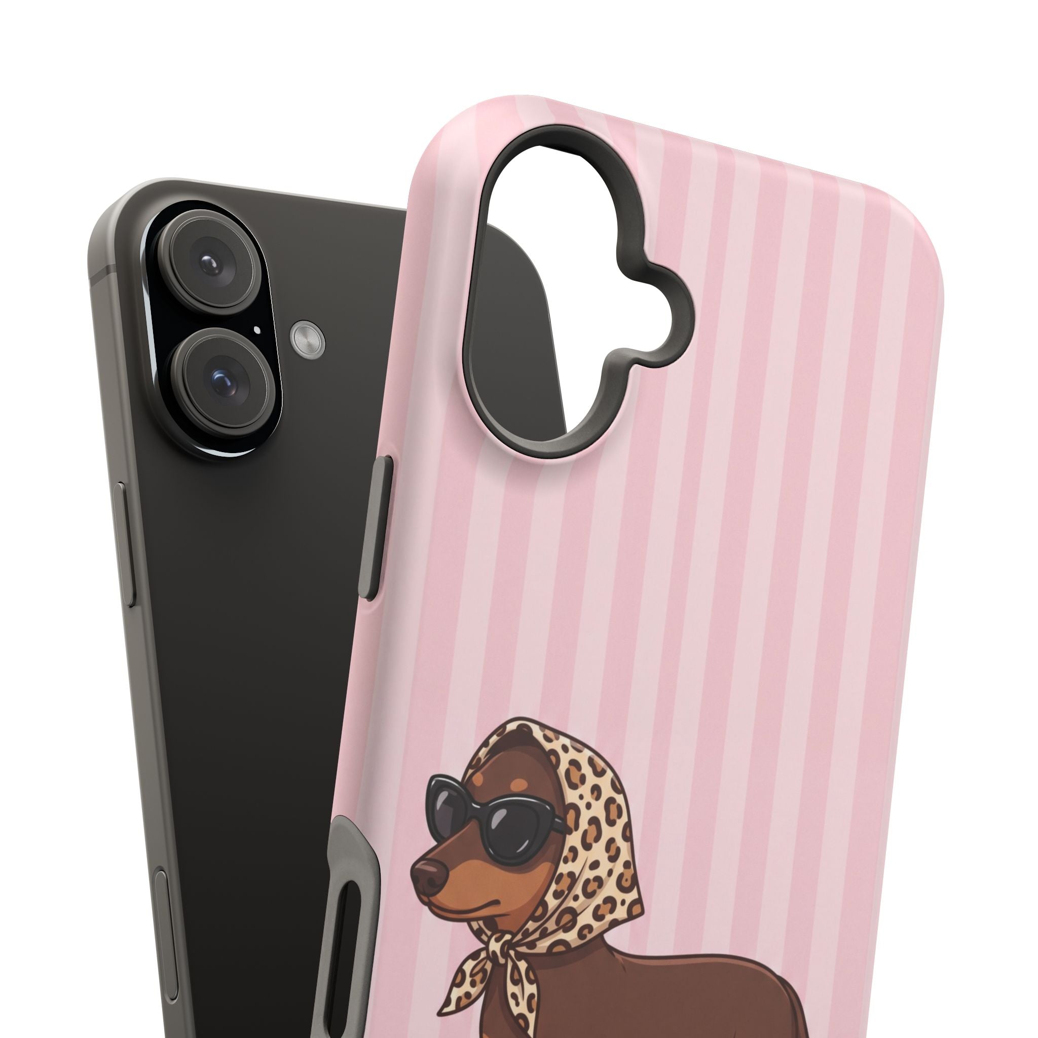Glam Dachshund Phone Case | Cute Sausage Dog in Leopard Scarf & Sunglasses | Pink Stripe Case for iPhone & Samsung