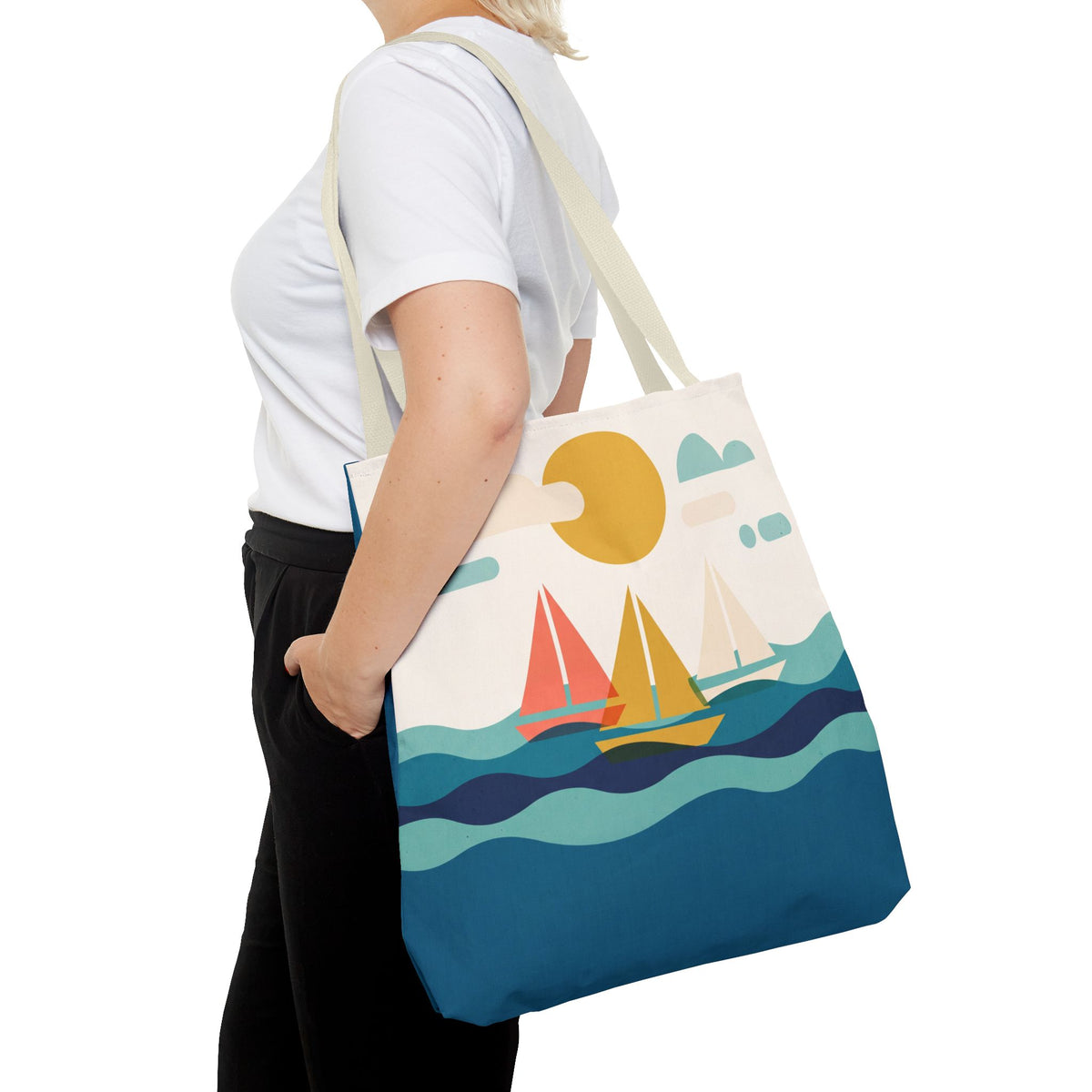 Minimalist Sailboat Tote Bag – Mid-Century Modern Ocean Waves Beach Bag