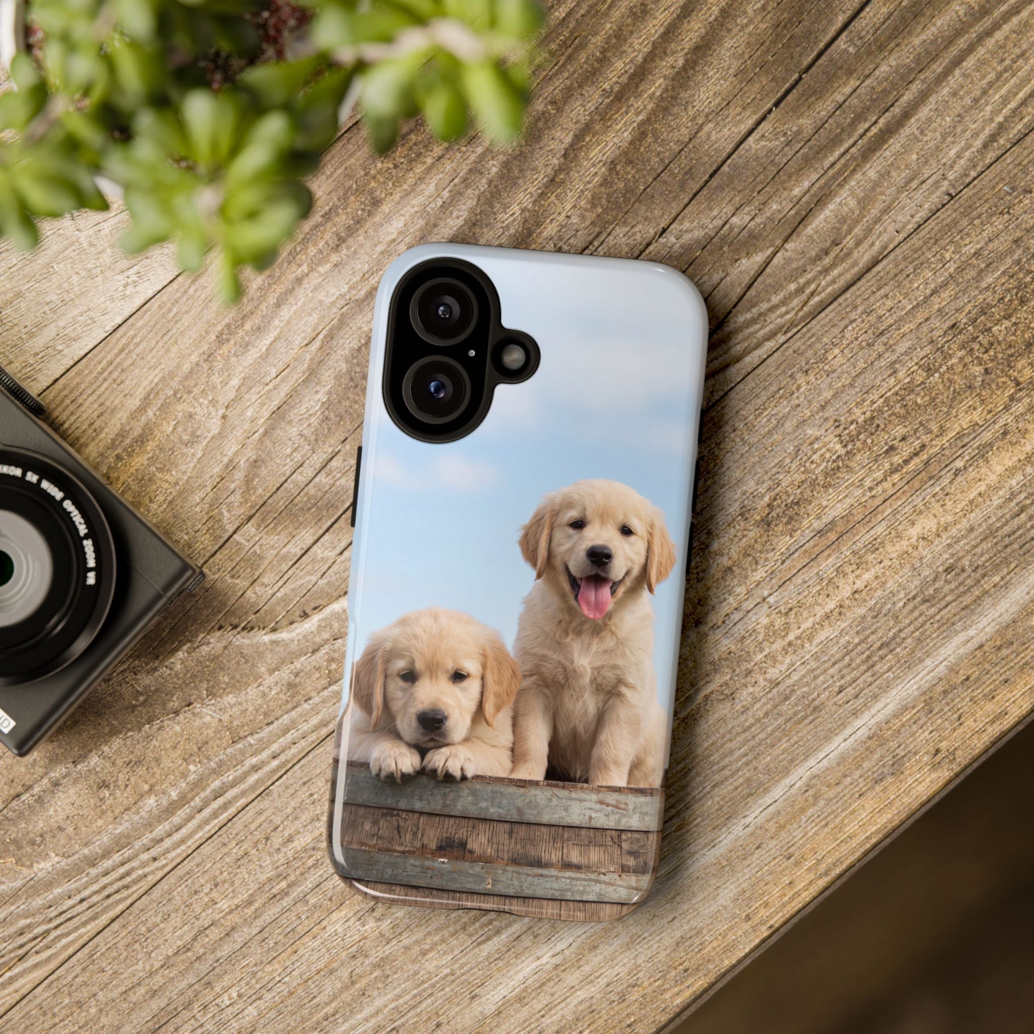 Golden Retriever Puppies on Barrel Phone Case | Cute Duo Under Blue Sky | iPhone & Samsung