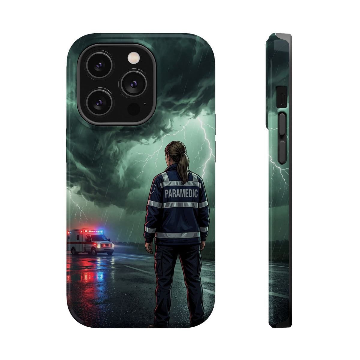 Female Paramedic Green Storm Phone Case — Magnetic Wireless Charging Cover
